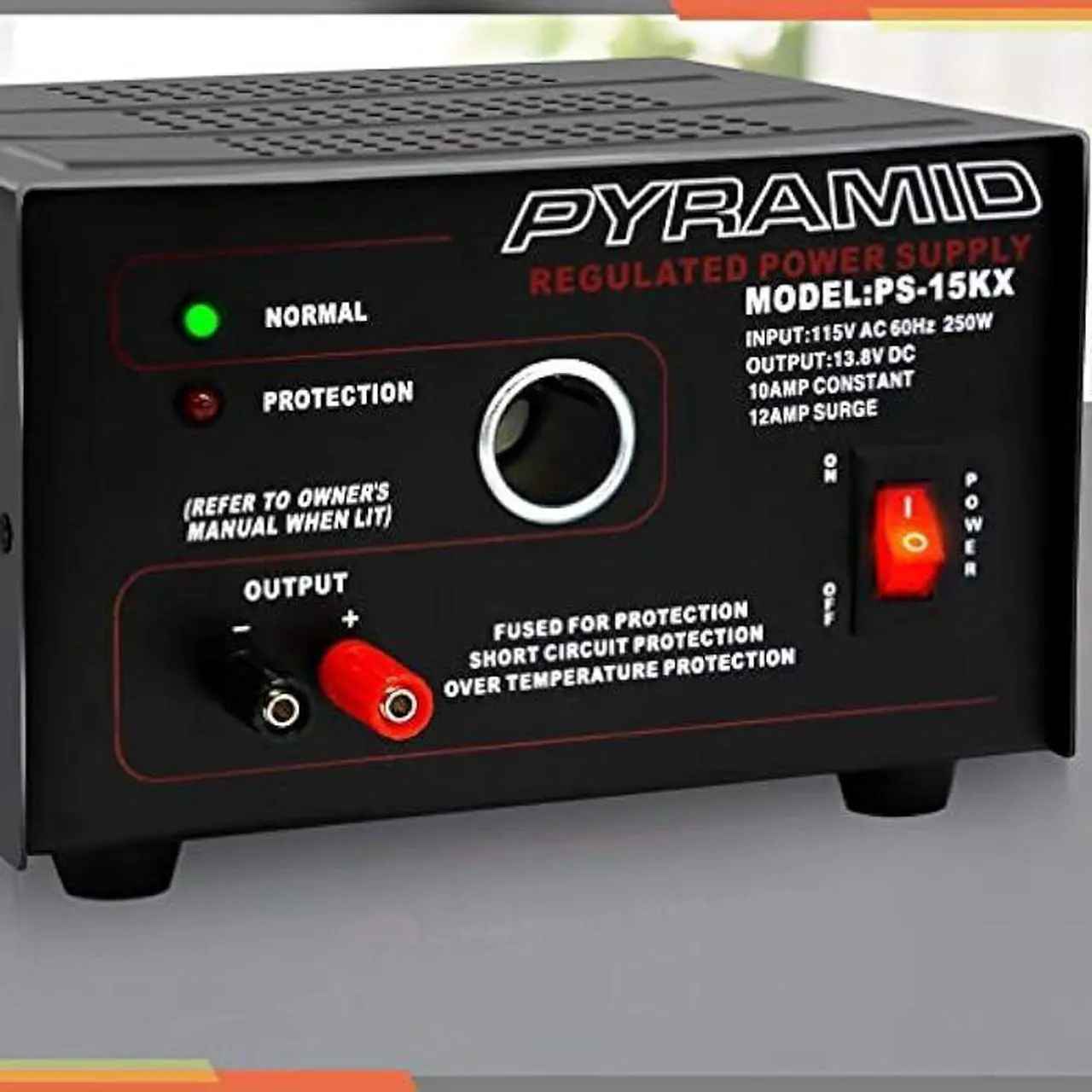 Alt view image 6 of 6 - Pyramid Universal Compact Bench Power Supply - 10 Amp Linear Regulated Home Lab Benchtop AC-to-DC Converter w/ 13.8 Volt DC 115V AC 250W Input, Screw Type Terminal, 12V Car Cigarette Lighter-PS15K.5