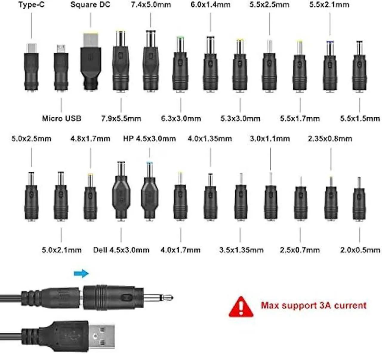 Alt view image 2 of 5 - Aceyoon USB 5V DC Power Supply with 24pcs Universal Laptop Power Adapter - USB 2.0 to DC 5.5x2.1mm Plug Charging Cord - Max 3A - Compatible with Laptop, Router, Speaker, Monitor, Mini Fan