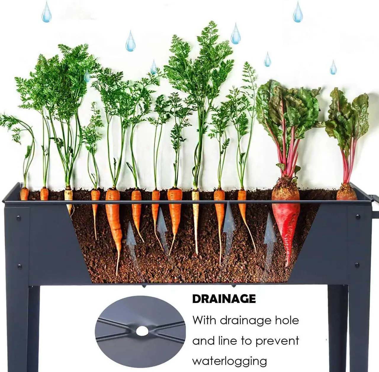 Alt view image 4 of 6 - Piksedo Raised Garden Bed, Elevated Planter Metal Plant Box with Legs Standing Garden Stand Drainage Holes Frosted Black