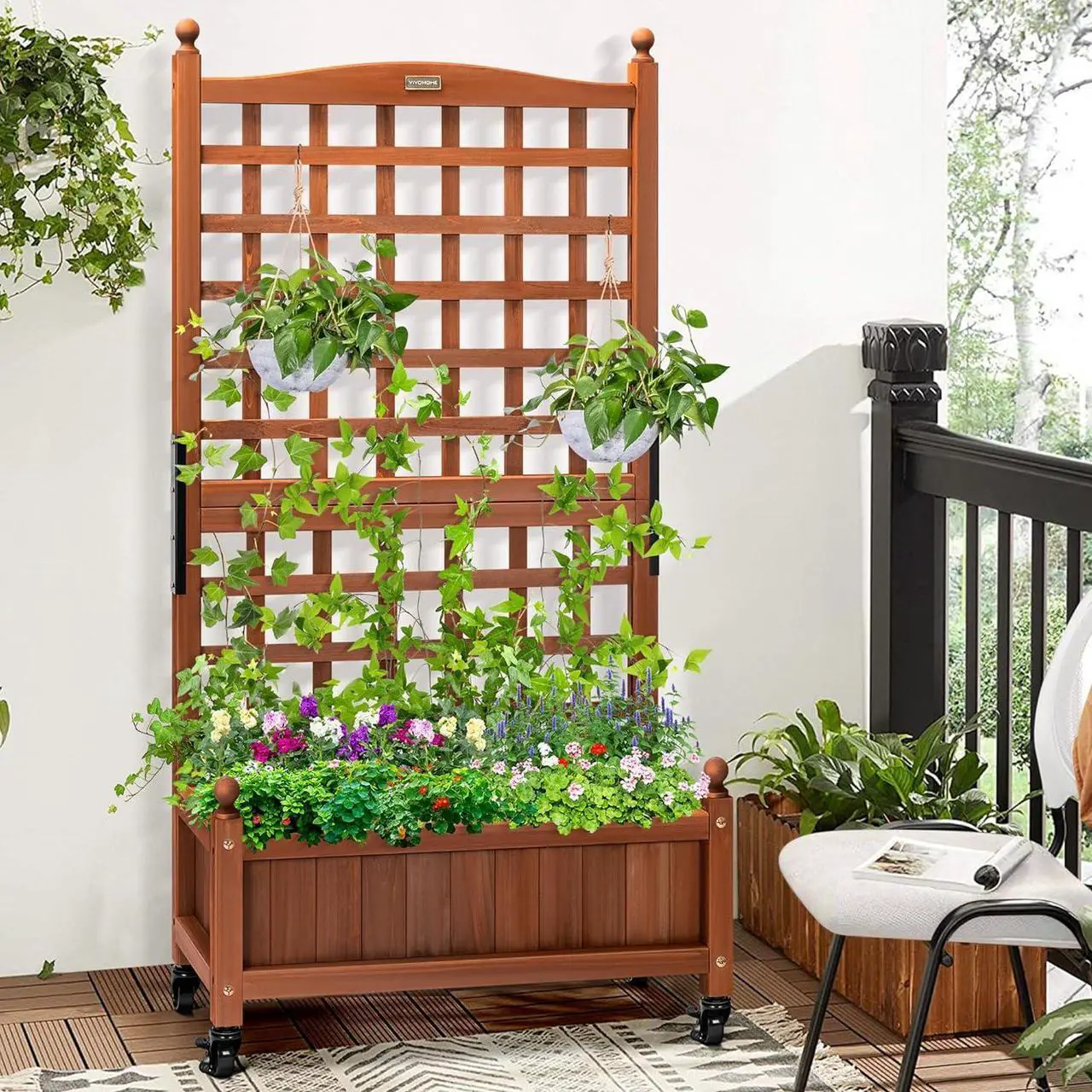 Main image of VIVOHOME Mobile Planter Box with Trellis 50 Inch Tall, Standing Natural Wood Raised Garden Bed Outdoor with Drainage Holes for Flowers, Climbing Plants, Balcony and Patio Decor (Extra Wheels)