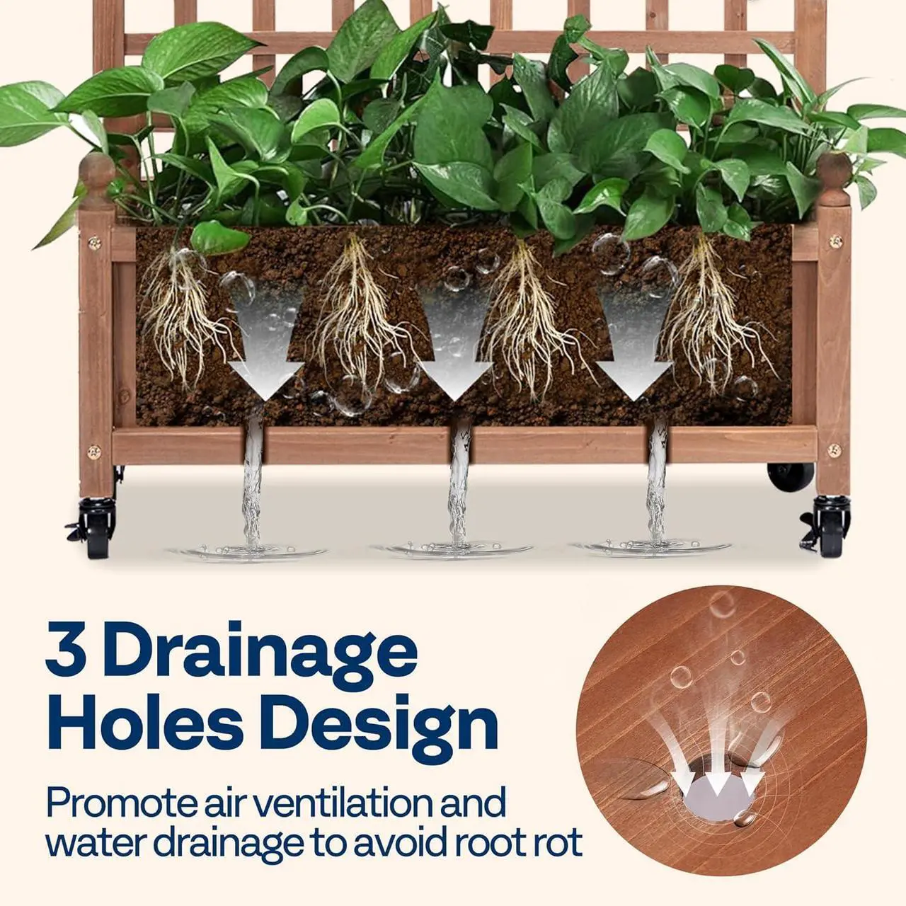 Alt view image 4 of 7 - VIVOHOME Mobile Planter Box with Trellis 50 Inch Tall, Standing Natural Wood Raised Garden Bed Outdoor with Drainage Holes for Flowers, Climbing Plants, Balcony and Patio Decor (Extra Wheels)