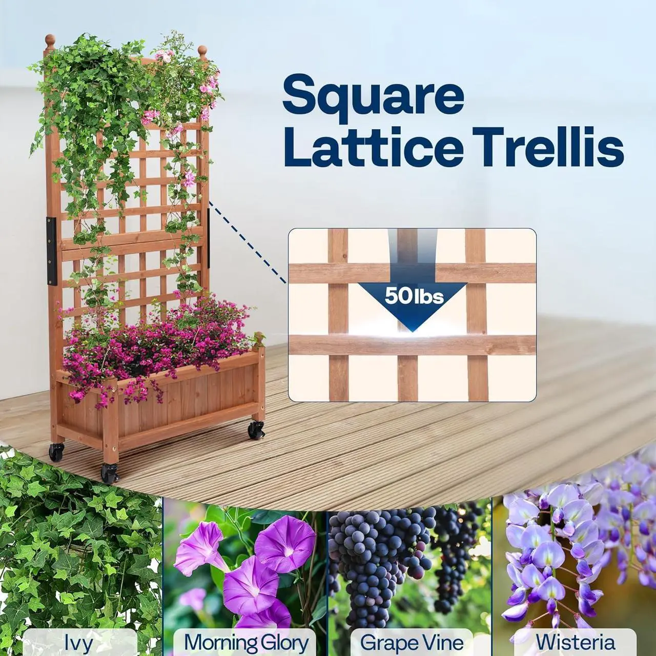 Alt view image 5 of 7 - VIVOHOME Mobile Planter Box with Trellis 50 Inch Tall, Standing Natural Wood Raised Garden Bed Outdoor with Drainage Holes for Flowers, Climbing Plants, Balcony and Patio Decor (Extra Wheels)