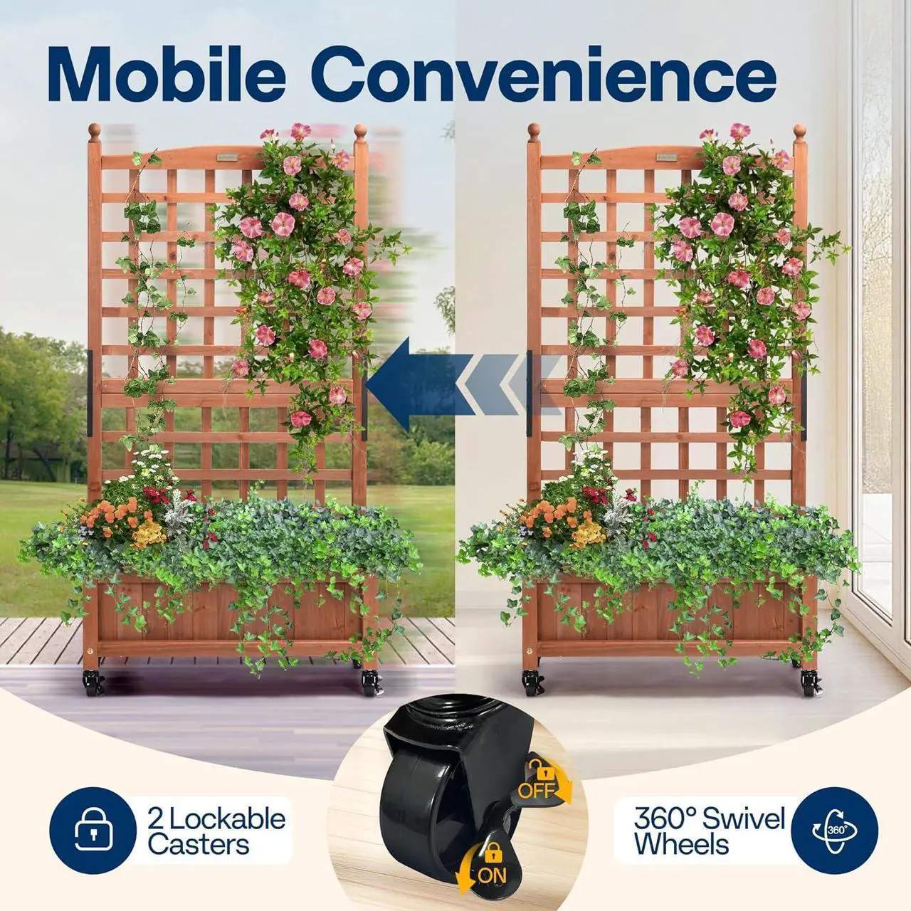 Alt view image 3 of 7 - VIVOHOME Mobile Planter Box with Trellis 50 Inch Tall, Standing Natural Wood Raised Garden Bed Outdoor with Drainage Holes for Flowers, Climbing Plants, Balcony and Patio Decor (Extra Wheels)