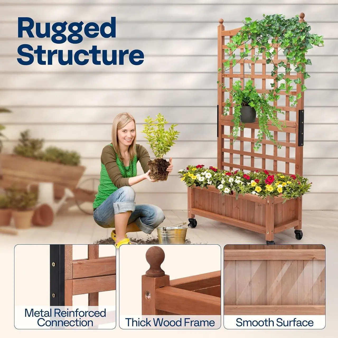 Alt view image 7 of 7 - VIVOHOME Mobile Planter Box with Trellis 50 Inch Tall, Standing Natural Wood Raised Garden Bed Outdoor with Drainage Holes for Flowers, Climbing Plants, Balcony and Patio Decor (Extra Wheels)