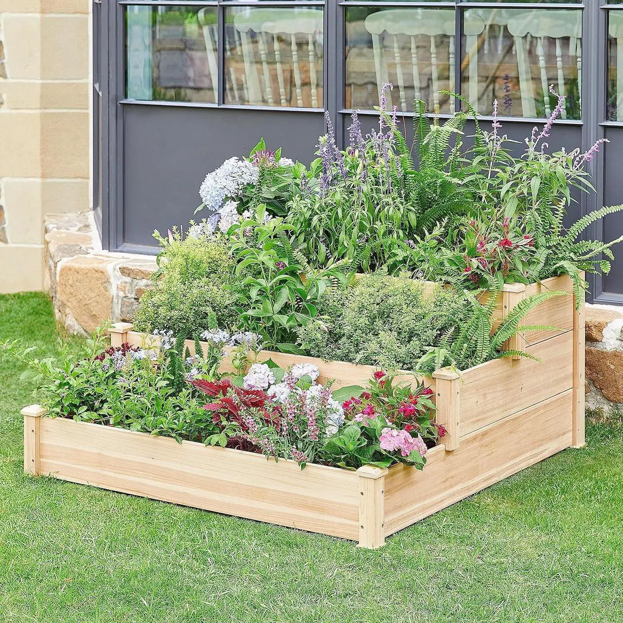Alt view image 2 of 7 - Topeakmart 3 Tier Raised Garden Bed Wood Garden Box Wooden Vegetables/Flower/Herb Elevated Garden Planter Boxes Outdoor, Wood