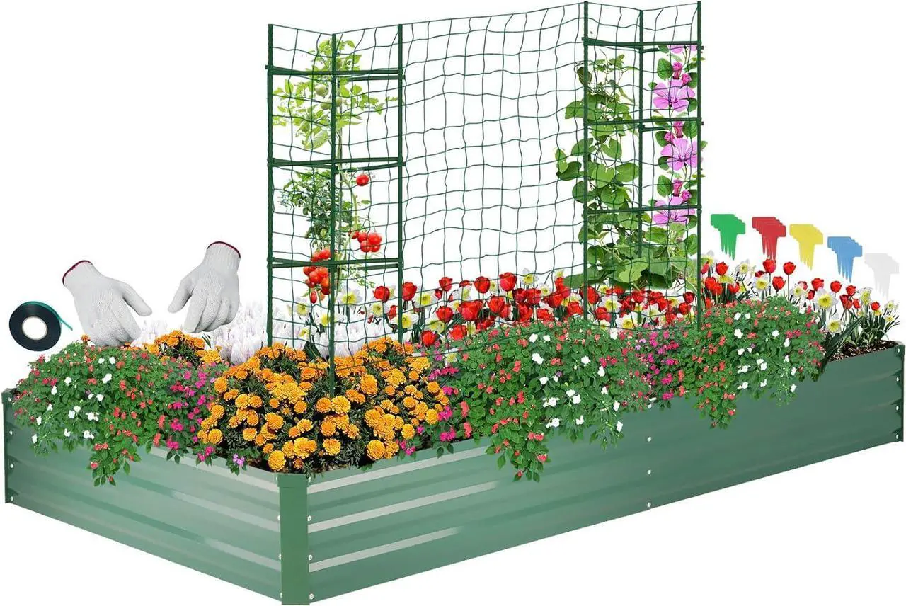Main image of ONCEMORE Galvanized Raised Garden Bed for Vegetables Flowers Herbs, Metal Raised Garden Bed Kit with 2 PCS Tomato Cage, Gloves, Trellis Netting, Plant Labels, Plant Ties, Green 6×3×1FT