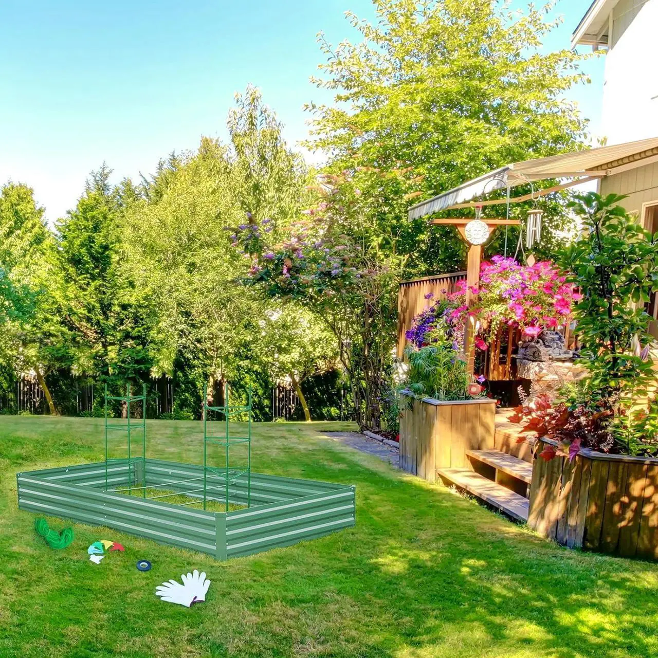 Alt view image 2 of 6 - ONCEMORE Galvanized Raised Garden Bed for Vegetables Flowers Herbs, Metal Raised Garden Bed Kit with 2 PCS Tomato Cage, Gloves, Trellis Netting, Plant Labels, Plant Ties, Green 6×3×1FT