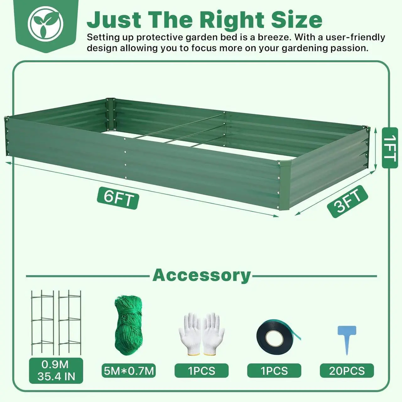 Alt view image 3 of 6 - ONCEMORE Galvanized Raised Garden Bed for Vegetables Flowers Herbs, Metal Raised Garden Bed Kit with 2 PCS Tomato Cage, Gloves, Trellis Netting, Plant Labels, Plant Ties, Green 6×3×1FT