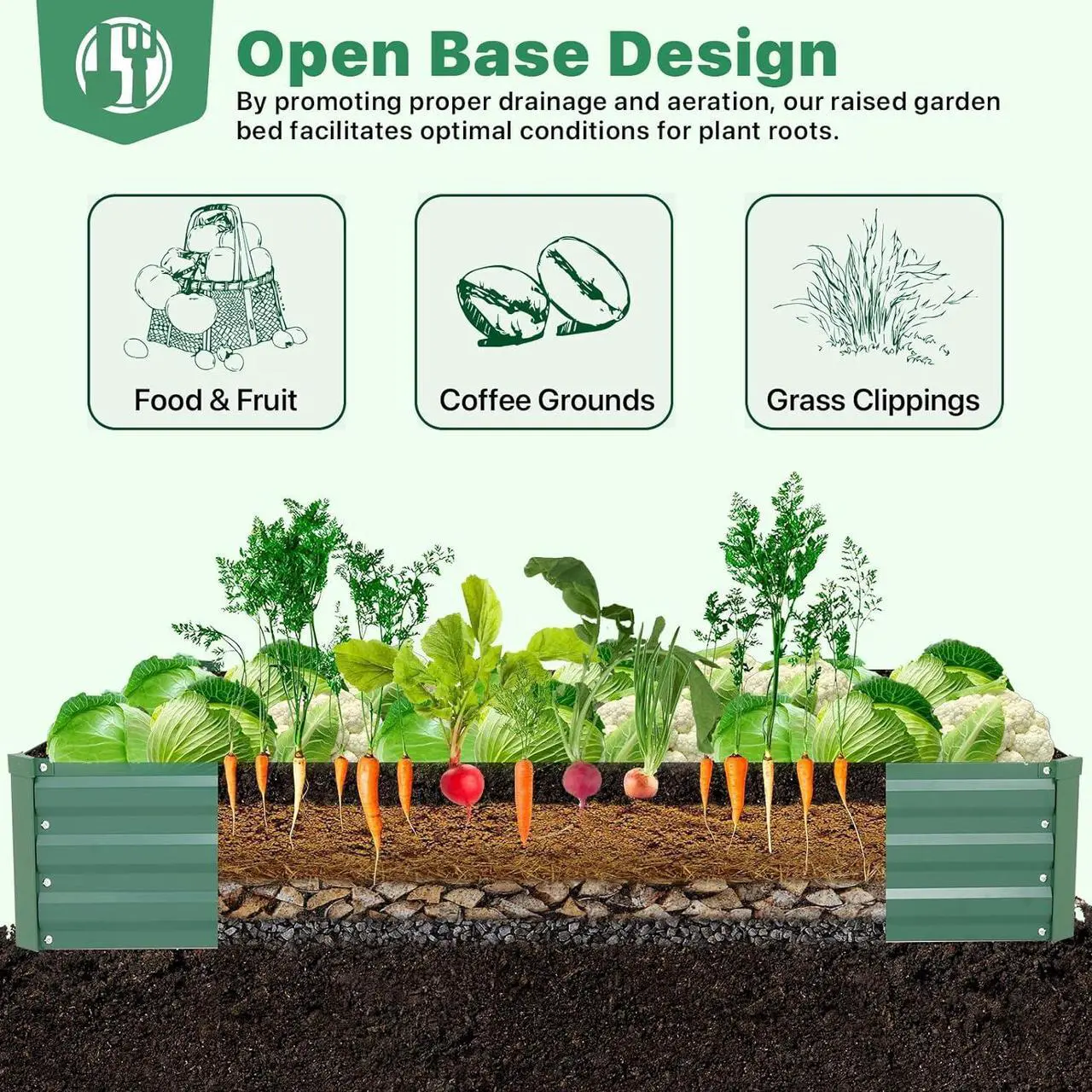 Alt view image 6 of 6 - ONCEMORE Galvanized Raised Garden Bed for Vegetables Flowers Herbs, Metal Raised Garden Bed Kit with 2 PCS Tomato Cage, Gloves, Trellis Netting, Plant Labels, Plant Ties, Green 6×3×1FT