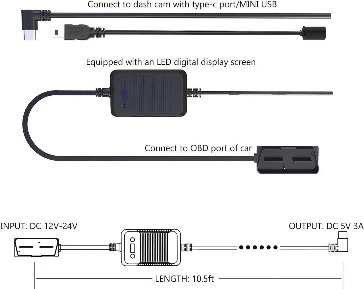 Alt view image 3 of 5 - OBD Hardwire Kit for Pruveeo Dashcam, 12V-30V to 5V/3A Type-C Port Charger Power Cord and Type-c to Mini USB Adapter, Intelligent and Adjustable Low Voltage Protection