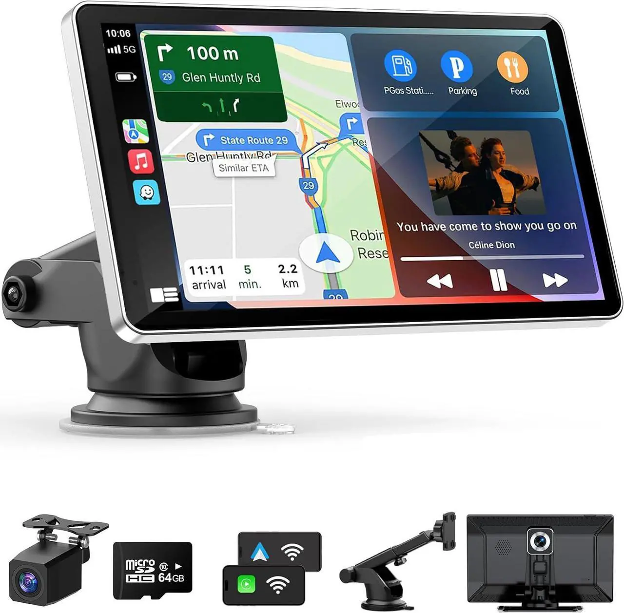Main image of Portable Carplay Screen for Car, 9" Wireless Carplay Android Auto Screen with 4K Dash Cam & 1080P Backup Camera, Car Play Stereo with Voice Control & GPS Navigation, Mirror Link, BT/FM/AUX