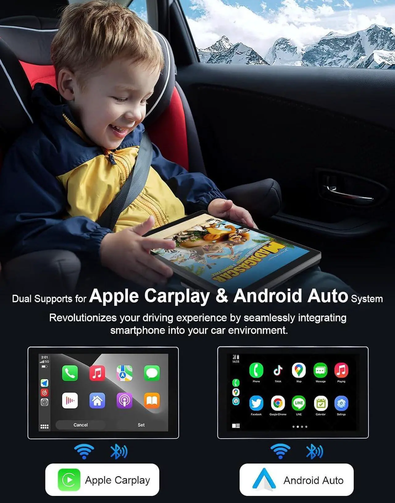 Alt view image 2 of 7 - Portable Carplay Screen for Car, 9" Wireless Carplay Android Auto Screen with 4K Dash Cam & 1080P Backup Camera, Car Play Stereo with Voice Control & GPS Navigation, Mirror Link, BT/FM/AUX