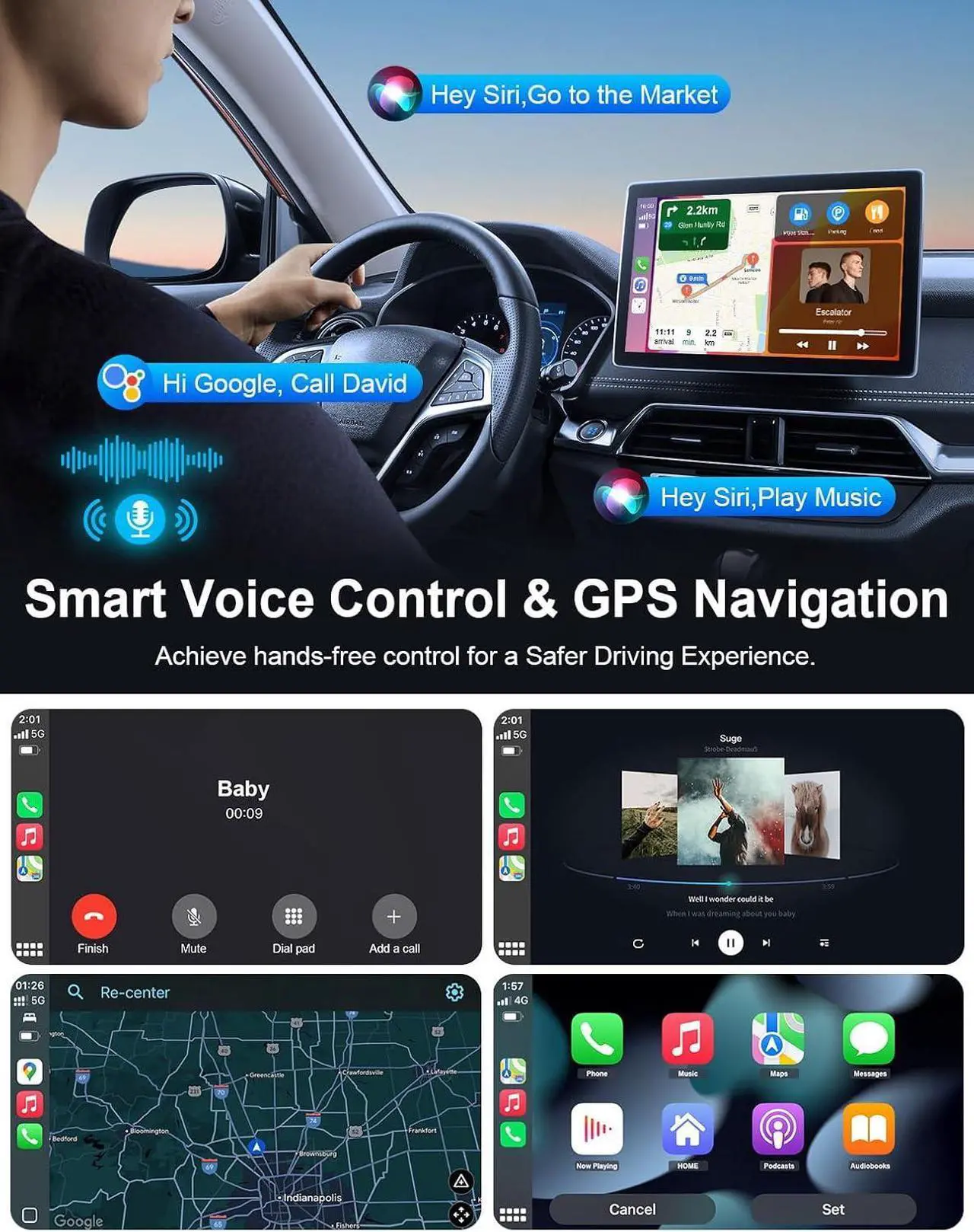 Alt view image 3 of 7 - Portable Carplay Screen for Car, 9" Wireless Carplay Android Auto Screen with 4K Dash Cam & 1080P Backup Camera, Car Play Stereo with Voice Control & GPS Navigation, Mirror Link, BT/FM/AUX