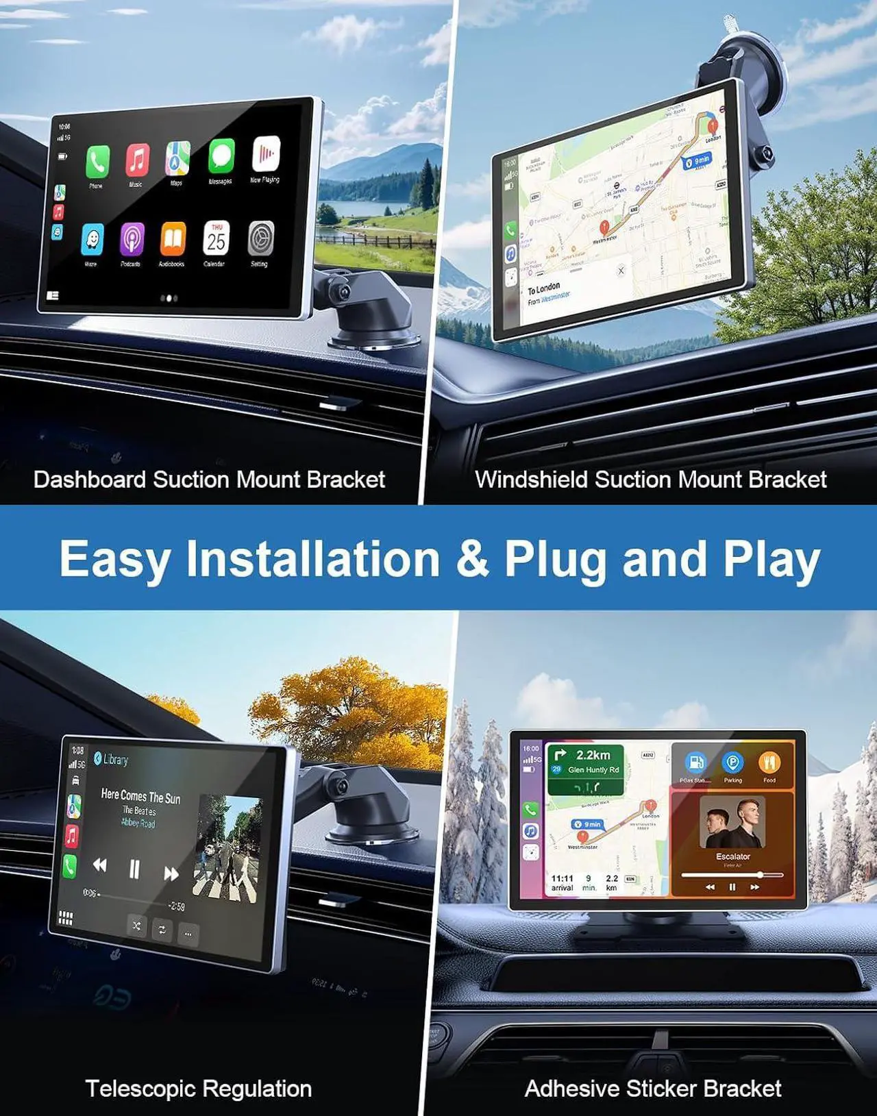 Alt view image 7 of 7 - Portable Carplay Screen for Car, 9" Wireless Carplay Android Auto Screen with 4K Dash Cam & 1080P Backup Camera, Car Play Stereo with Voice Control & GPS Navigation, Mirror Link, BT/FM/AUX