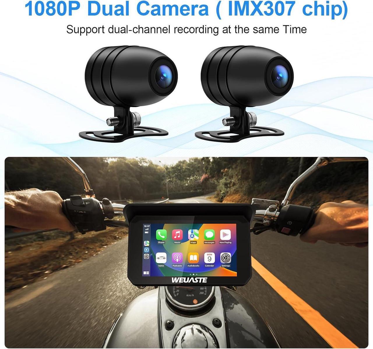 Alt view image 3 of 7 - Portable Wireless Apple Carplay for Motorcycle, 1080P Dual Motorcycle Camera (IMX307 chip), Motorbike Dash Cam, Motorbike TPMS, 5" IPS Waterproof Touch Screen, 128 GB TF Card, Support Siri