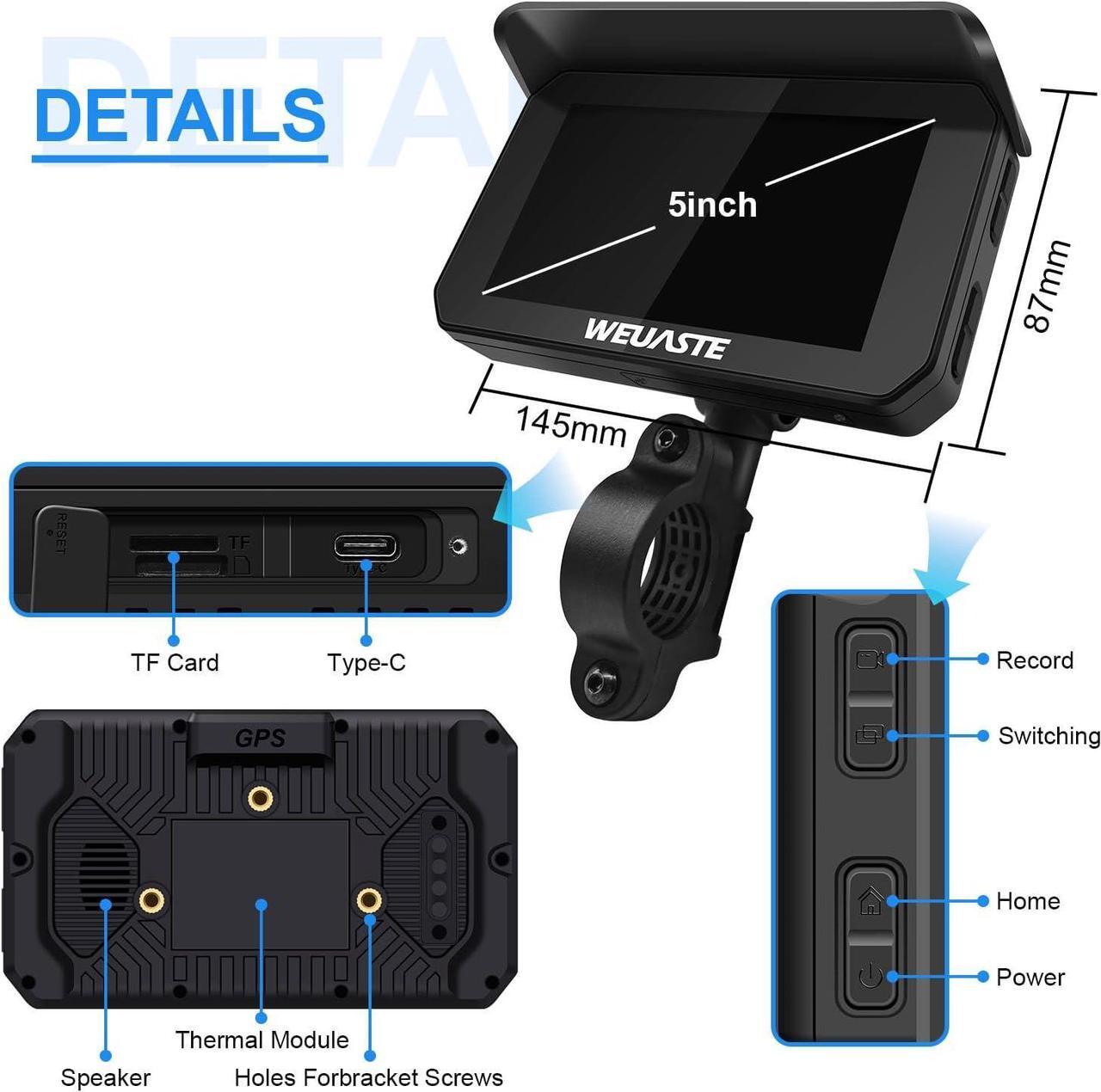 Alt view image 6 of 7 - Portable Wireless Apple Carplay for Motorcycle, 1080P Dual Motorcycle Camera (IMX307 chip), Motorbike Dash Cam, Motorbike TPMS, 5" IPS Waterproof Touch Screen, 128 GB TF Card, Support Siri
