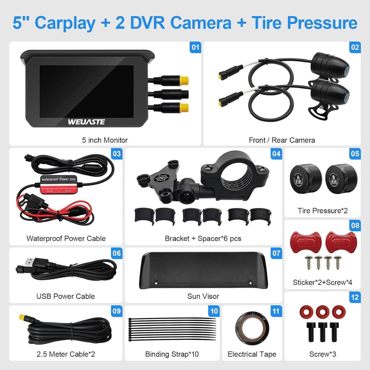 Alt view image 7 of 7 - Portable Wireless Apple Carplay for Motorcycle, 1080P Dual Motorcycle Camera (IMX307 chip), Motorbike Dash Cam, Motorbike TPMS, 5" IPS Waterproof Touch Screen, 128 GB TF Card, Support Siri