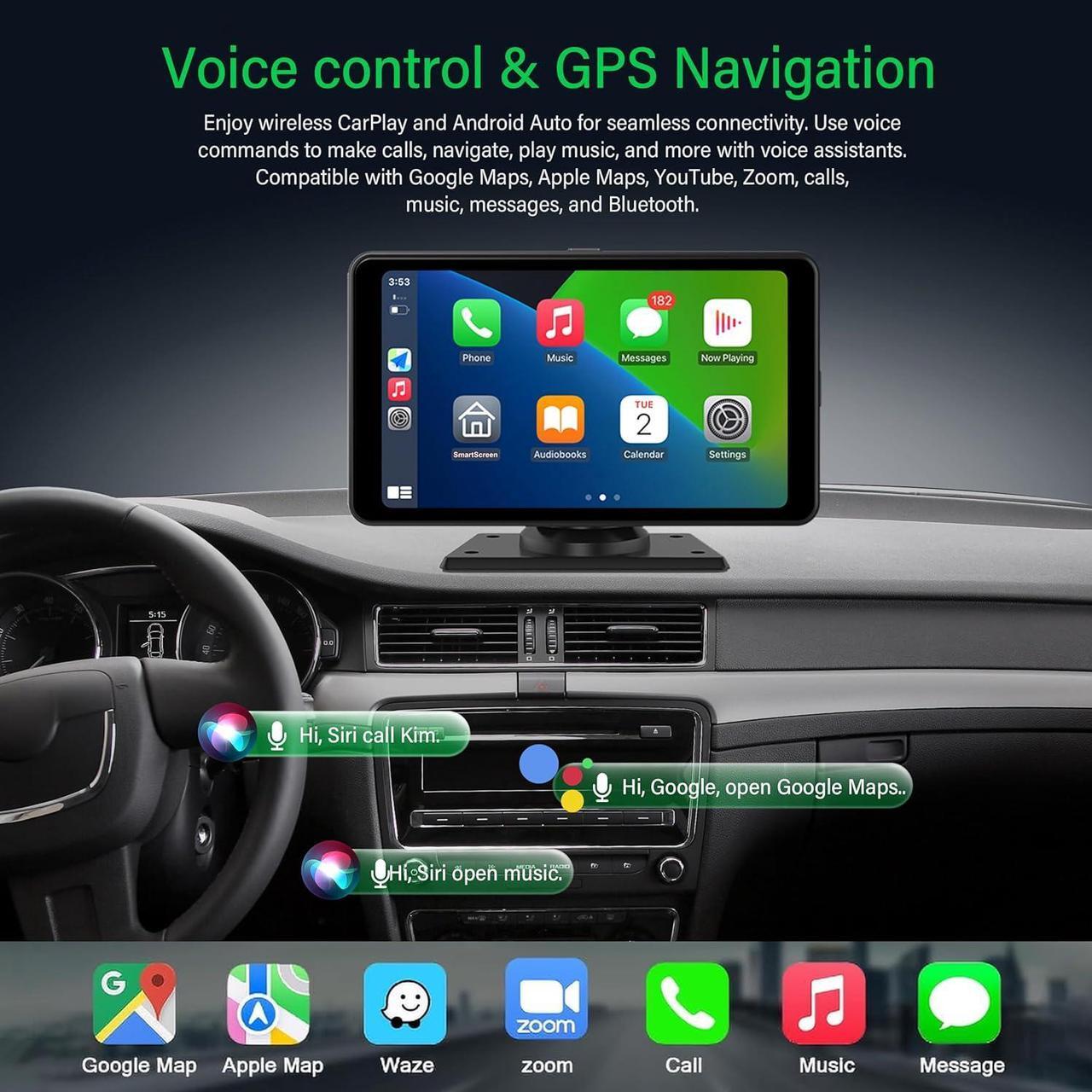 Alt view image 3 of 6 - Compatible with Apple Carplay 7, Portable Carplay Screen for Car, Car Play Screen 2.5 K Dash Cam, 1080p Backup Camera DVR, Audio Receivers GPS Navigation Mirror Link, FM, Googel, Siri