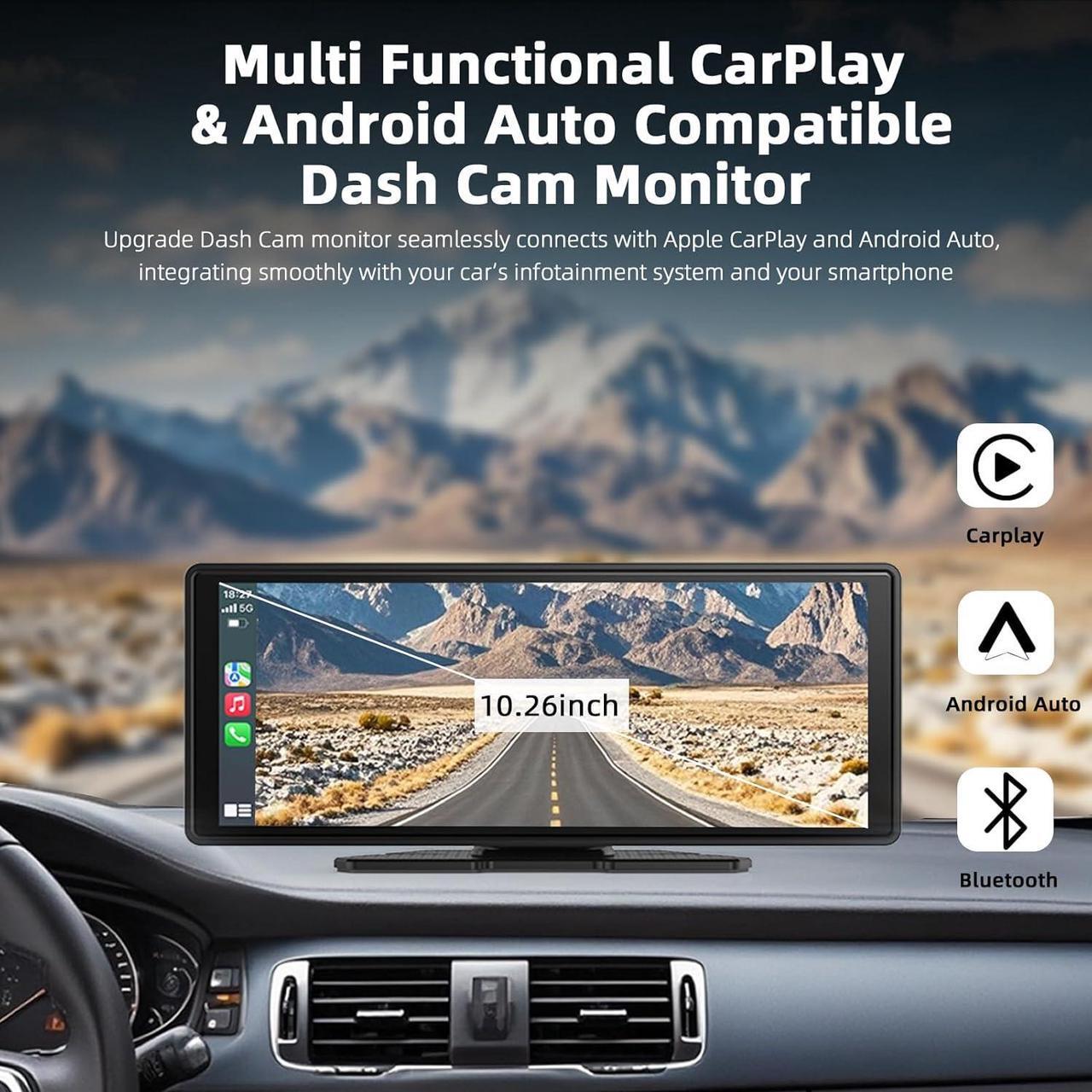 Alt view image 2 of 7 - Portable CarPlay Screen for Car 10.26" HD IPS Touchscreen with 4K Dash Cam Front and Rear, 1080P Backup Camera Wireless Carplay & Android Auto Car Audio Receivers