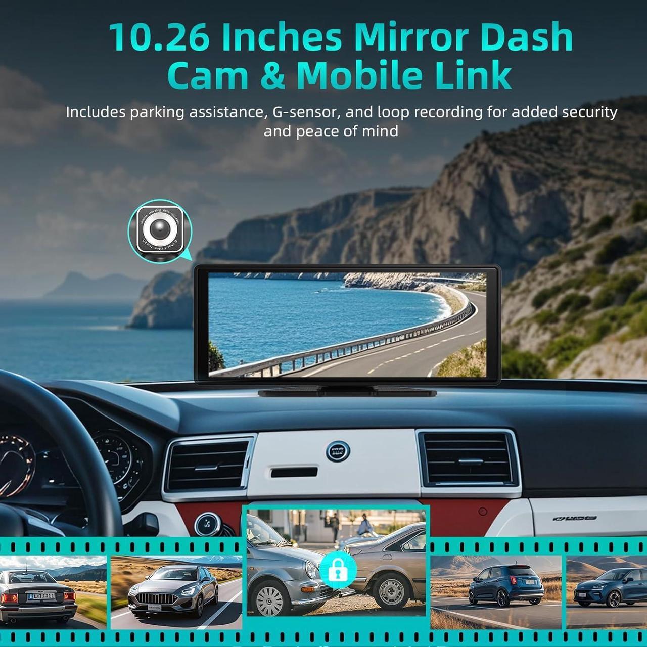 Alt view image 4 of 7 - Portable CarPlay Screen for Car 10.26" HD IPS Touchscreen with 4K Dash Cam Front and Rear, 1080P Backup Camera Wireless Carplay & Android Auto Car Audio Receivers