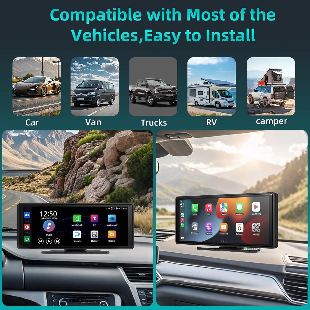 Alt view image 5 of 7 - Portable CarPlay Screen for Car 10.26" HD IPS Touchscreen with 4K Dash Cam Front and Rear, 1080P Backup Camera Wireless Carplay & Android Auto Car Audio Receivers