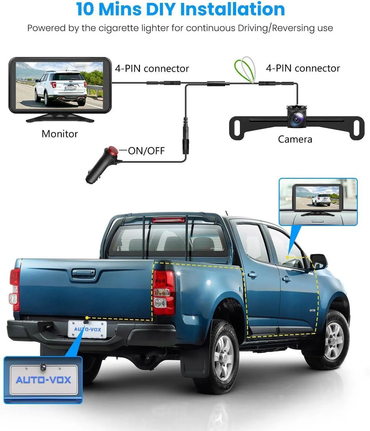 Alt view image 3 of 7 - AUTO-VOX Backup Camera for Truck Plug and Play: 4.8" 1080P Stable Signal Clear Night Vision Rear View Camera System, IP69K Waterproof 3X Zoom Back Up Camera for Car SUV Pickup Van