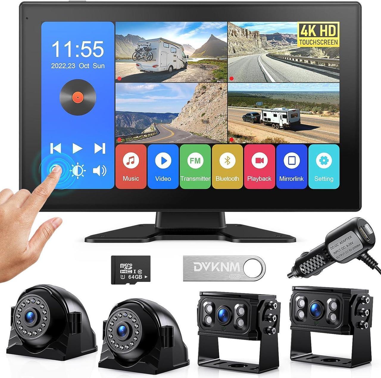 Main image of 4K RV Backup Camera System 10.1" Quad Split Touchscreen Monitor 4 1080P HD Rear Side View Cameras DVR Recording Bluetooth Music USB Video Play IP69 Waterproof Night Vision for RV Truck Trailer