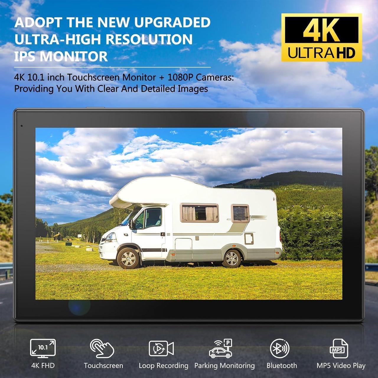 Alt view image 2 of 7 - 4K RV Backup Camera System 10.1" Quad Split Touchscreen Monitor 4 1080P HD Rear Side View Cameras DVR Recording Bluetooth Music USB Video Play IP69 Waterproof Night Vision for RV Truck Trailer