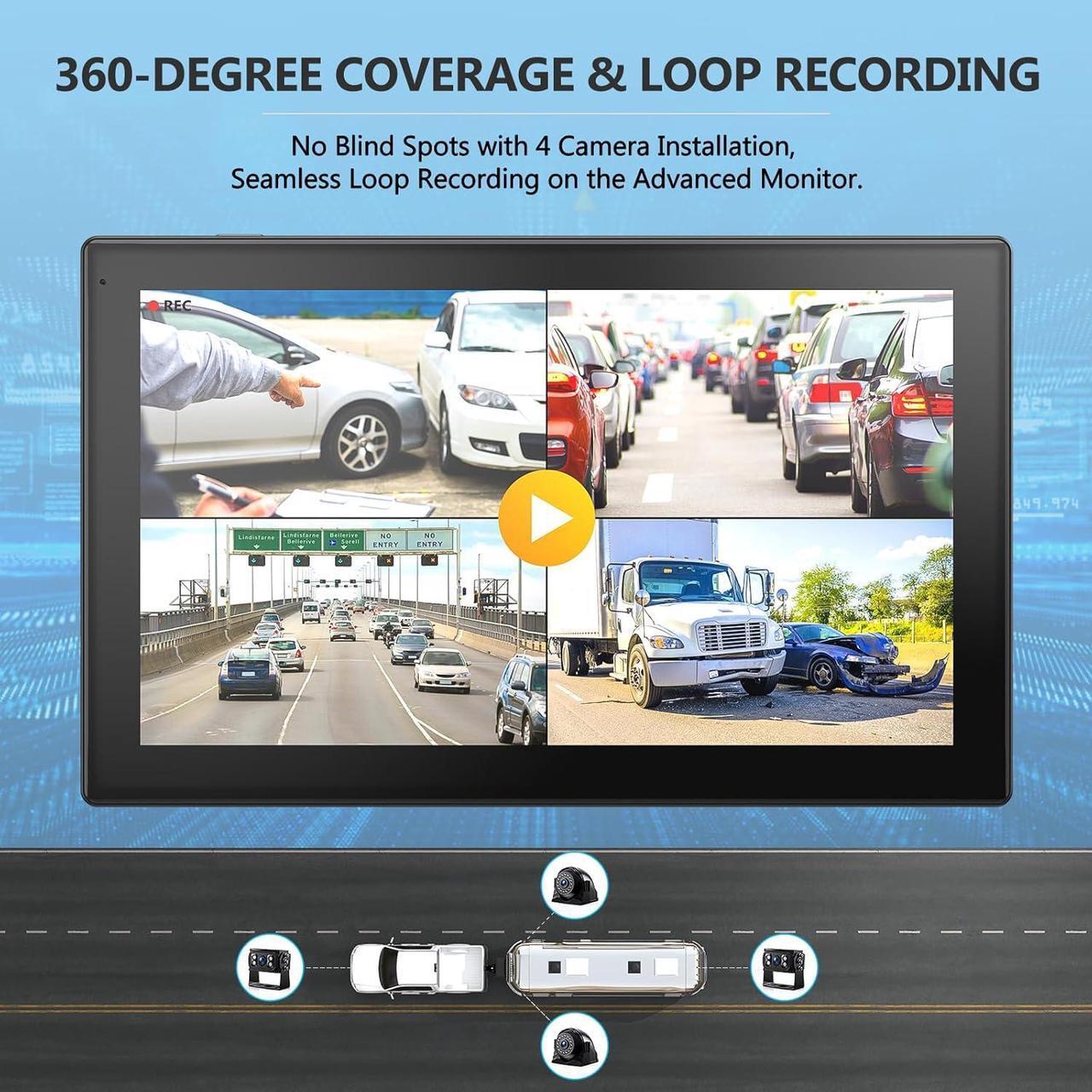 Alt view image 3 of 7 - 4K RV Backup Camera System 10.1" Quad Split Touchscreen Monitor 4 1080P HD Rear Side View Cameras DVR Recording Bluetooth Music USB Video Play IP69 Waterproof Night Vision for RV Truck Trailer