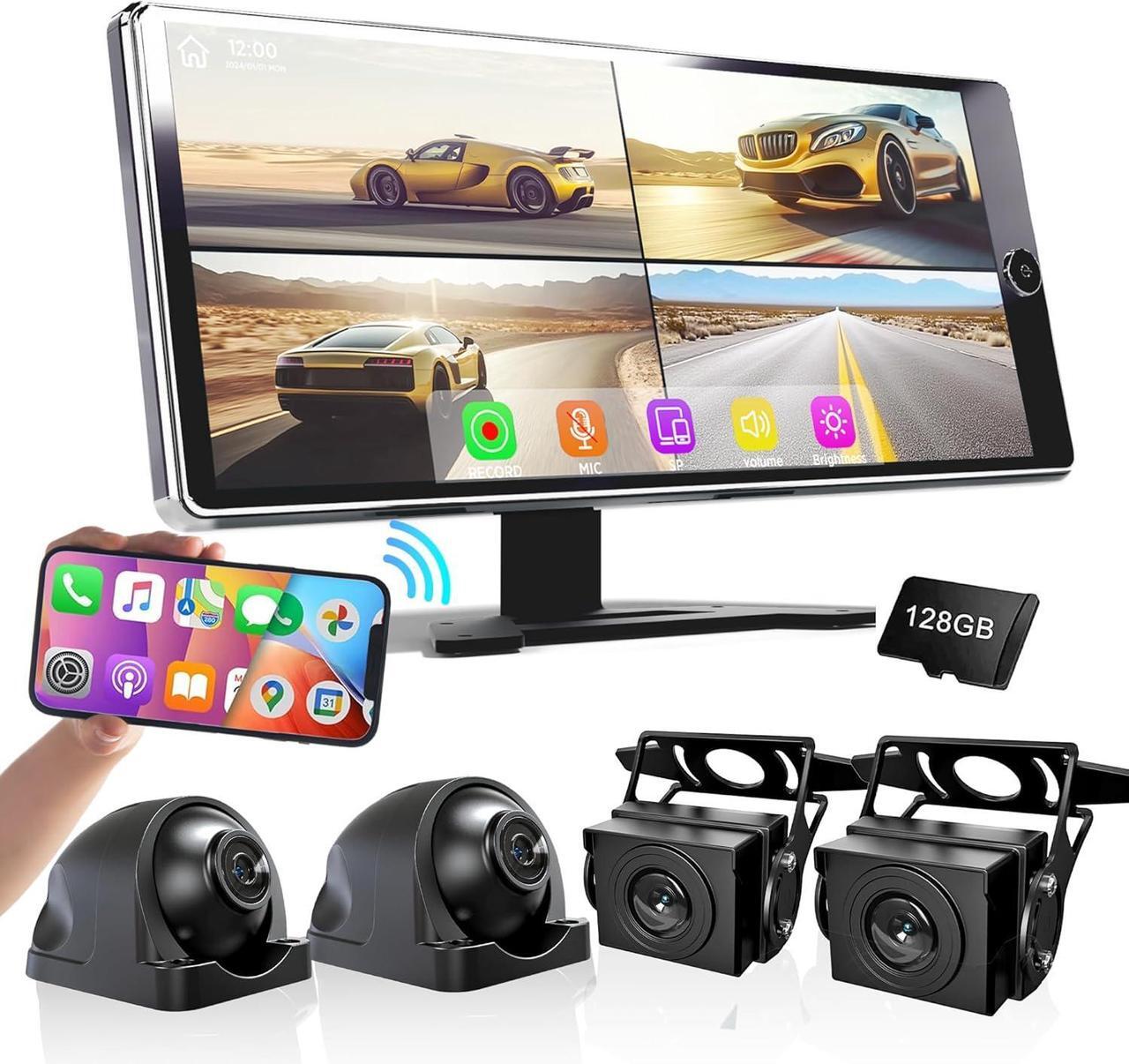Main image of ASLONG 10.36" Wireless CarPlay Screen for Car & 4K 4CH Dash Cam with Android Auto, Portable HD Touchscreen Car Stereo with 1080P Backup Camera, GPS Navigation Mirror Link for Semi Trailer Truck