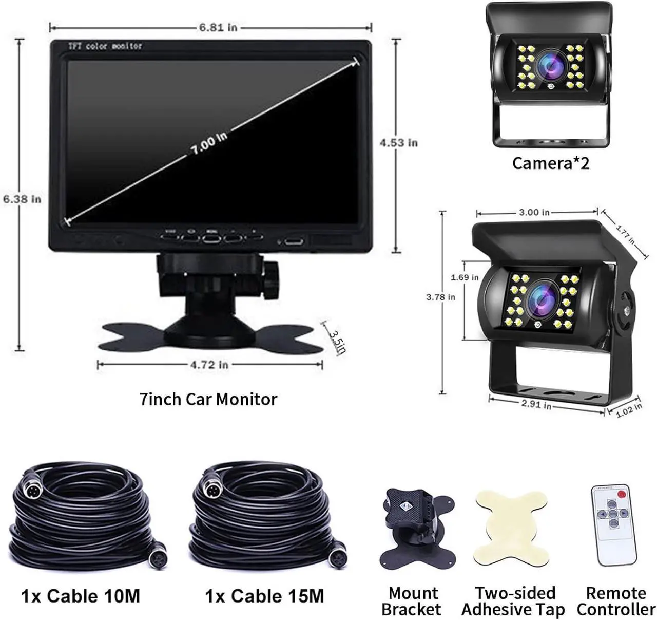 Alt view image 7 of 7 - Hodozzy Dual Backup Camera Kit with 7 Inch LCD Monitor & 2 Backup Cameras Reversing, IP68 Waterproof, 18IR Night Vision, Rear View Camera 4-Pin Cable for Car Truck/Trailer/Bus/Van/Caravan (12V-24V)