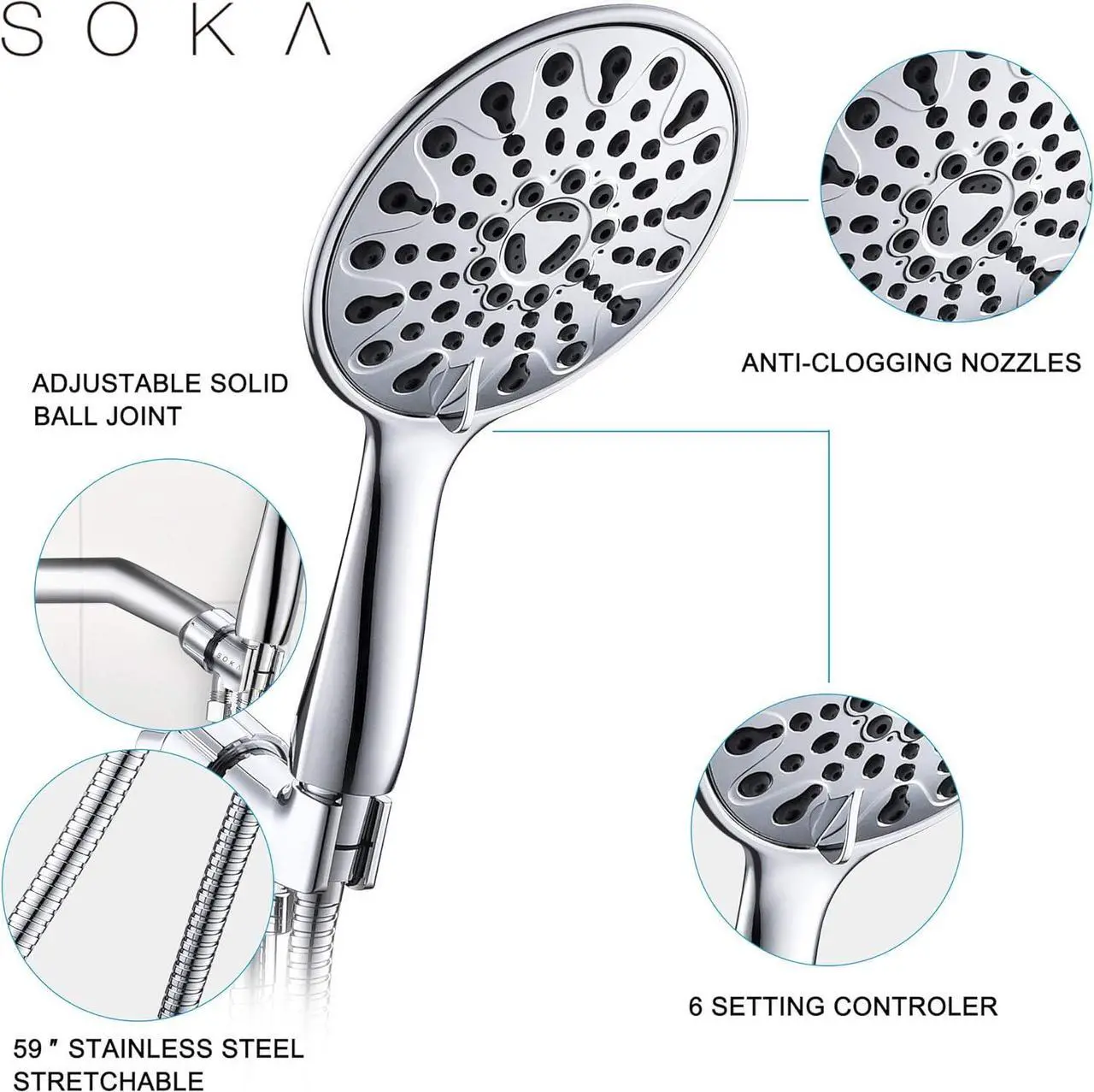 Alt view image 4 of 7 - High Pressure Shower Heads with 6 Spray Setting Massage Spa 6" Showerhead with Handheld Shower Head with Extra Long Hose 59 Inches(5 FeetAnd Adjustable Bracket Chrome