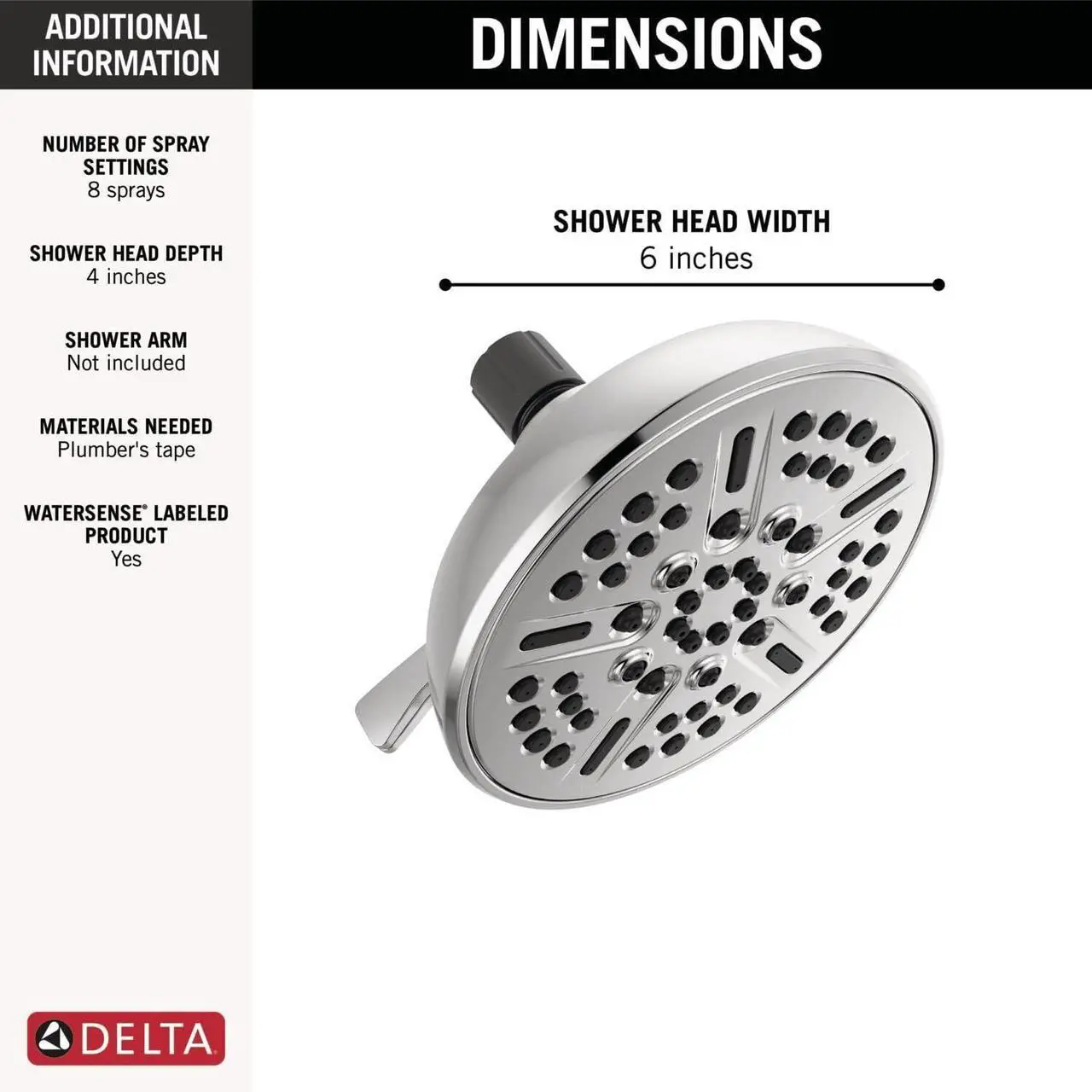 Alt view image 3 of 6 - Delta Faucet 8-Spray Touch-Clean Chrome Shower Head, Delta Shower Heads, Showerhead, Shower Head Chrome, 1.75 GPM Water Flow, Chrome 75898C