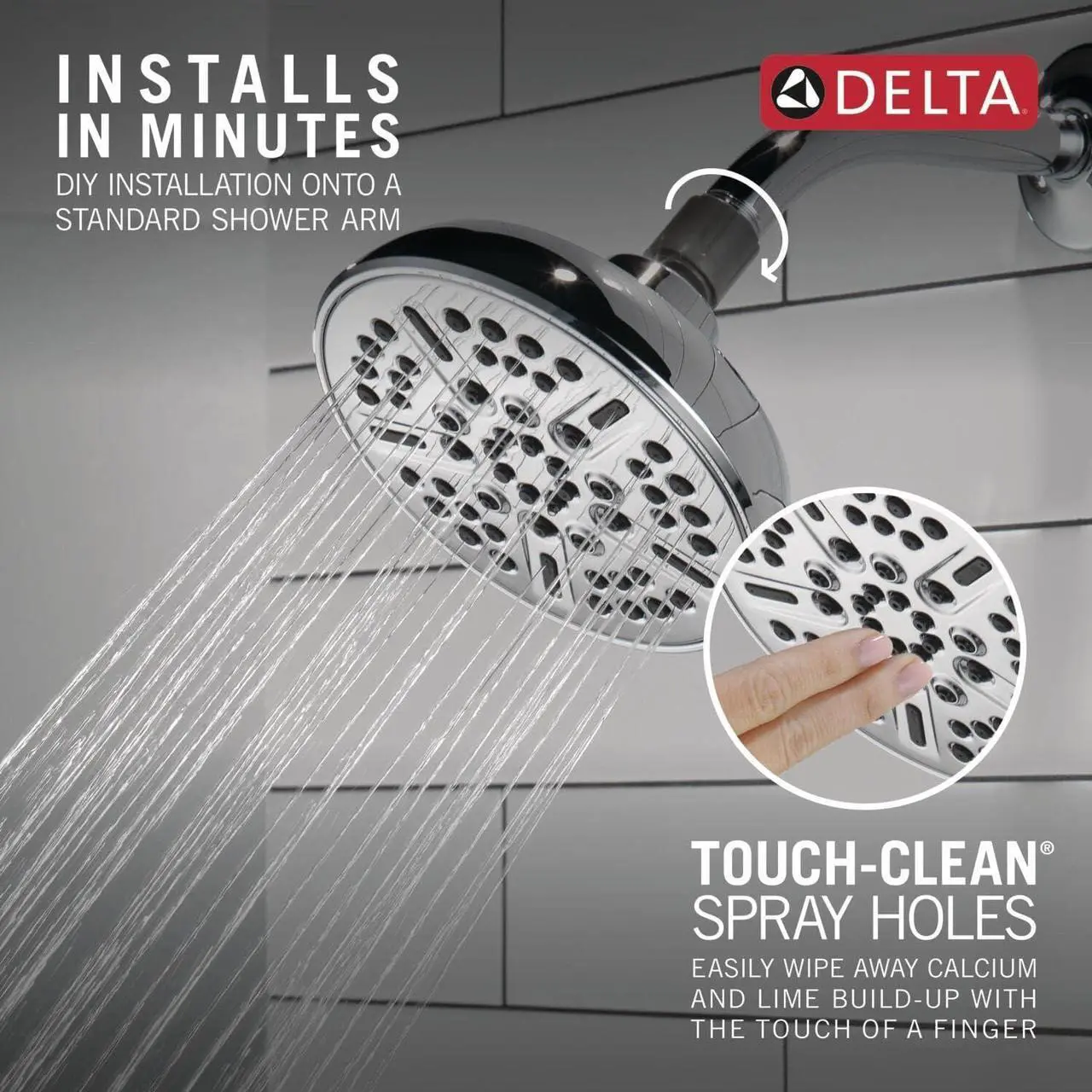 Alt view image 4 of 6 - Delta Faucet 8-Spray Touch-Clean Chrome Shower Head, Delta Shower Heads, Showerhead, Shower Head Chrome, 1.75 GPM Water Flow, Chrome 75898C