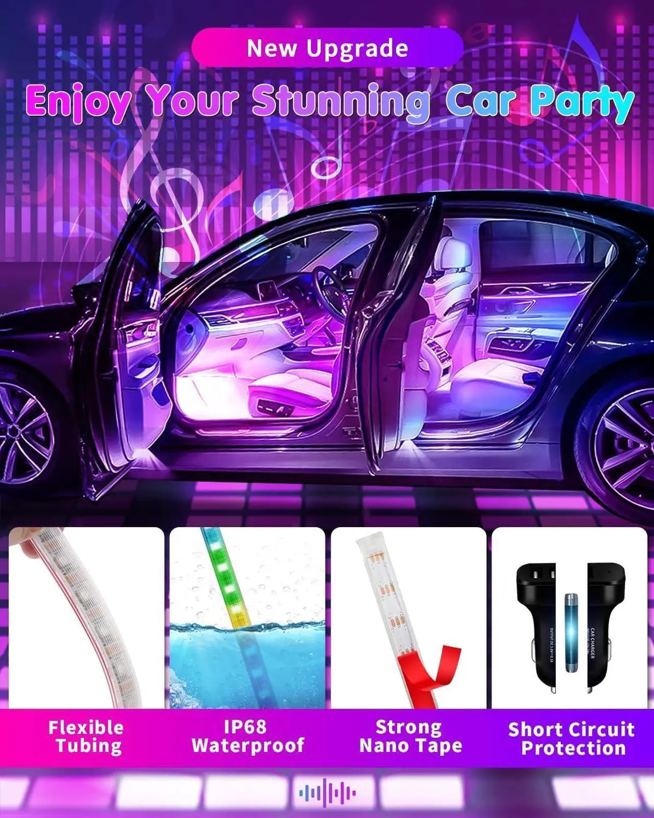 Alt view image 2 of 6 - RGB Interior Car Strip Lights with Smart APP Control, Music Sync Under Dash Footwell Neon Internal Lighting Kit Multicolor,12V LED Strip Lights for Cars, Trucks, SUVs with Car Charger(1 Set)