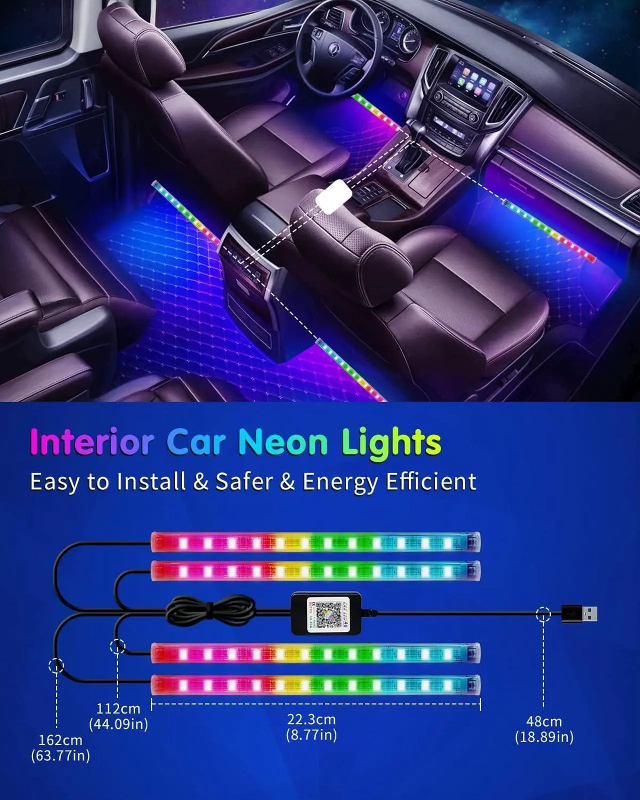 Alt view image 5 of 6 - RGB Interior Car Strip Lights with Smart APP Control, Music Sync Under Dash Footwell Neon Internal Lighting Kit Multicolor,12V LED Strip Lights for Cars, Trucks, SUVs with Car Charger(1 Set)
