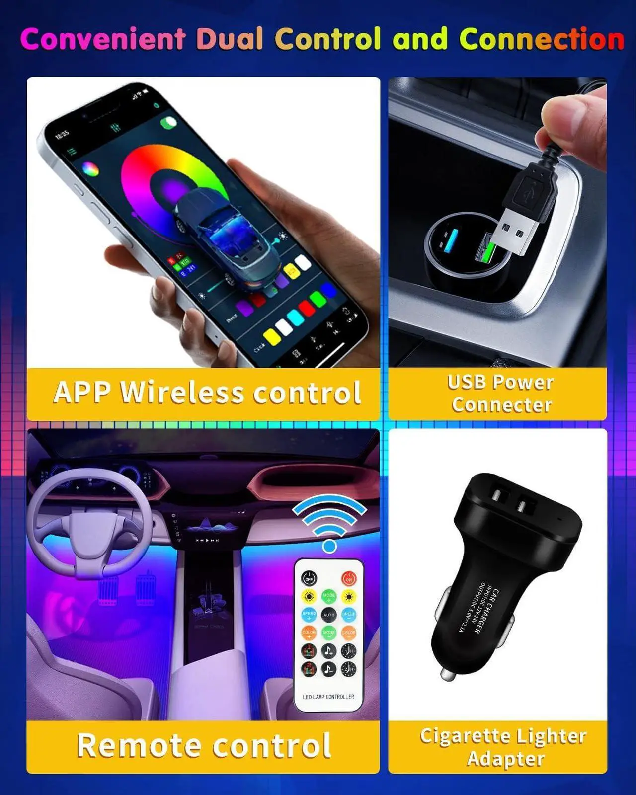 Alt view image 6 of 6 - RGB Interior Car Strip Lights with Smart APP Control, Music Sync Under Dash Footwell Neon Internal Lighting Kit Multicolor,12V LED Strip Lights for Cars, Trucks, SUVs with Car Charger(1 Set)