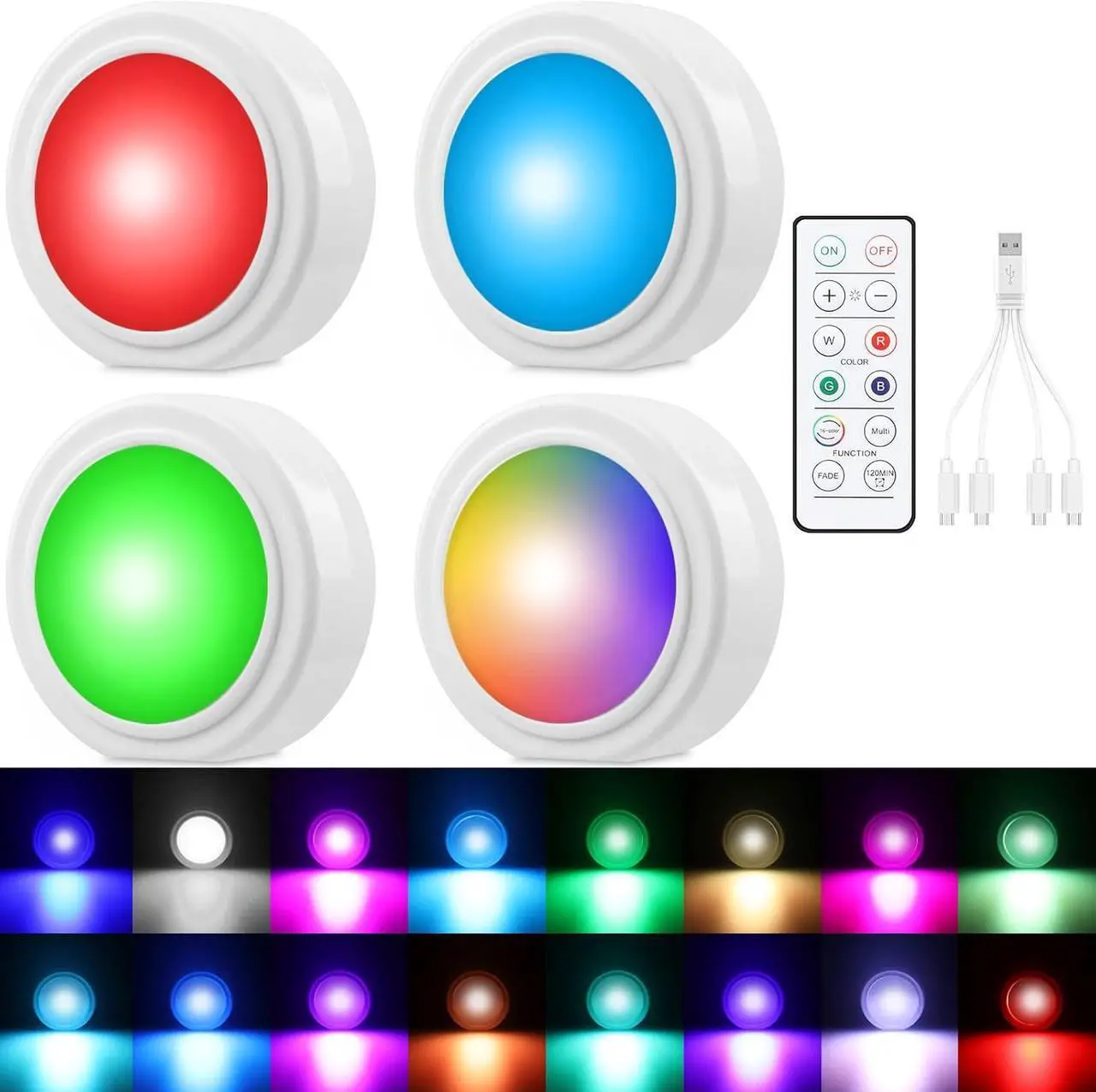 Main image of LYCARESUN 4 Pcs Wireless Interior Car Led Lights with Remote Control, 16 Colors USB Rechargeable, Magnetic Touch Ambient Led Lights for Decor