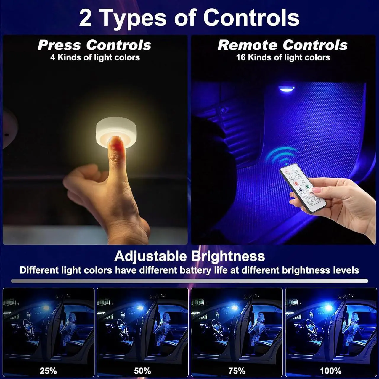 Alt view image 4 of 6 - LYCARESUN 4 Pcs Wireless Interior Car Led Lights with Remote Control, 16 Colors USB Rechargeable, Magnetic Touch Ambient Led Lights for Decor