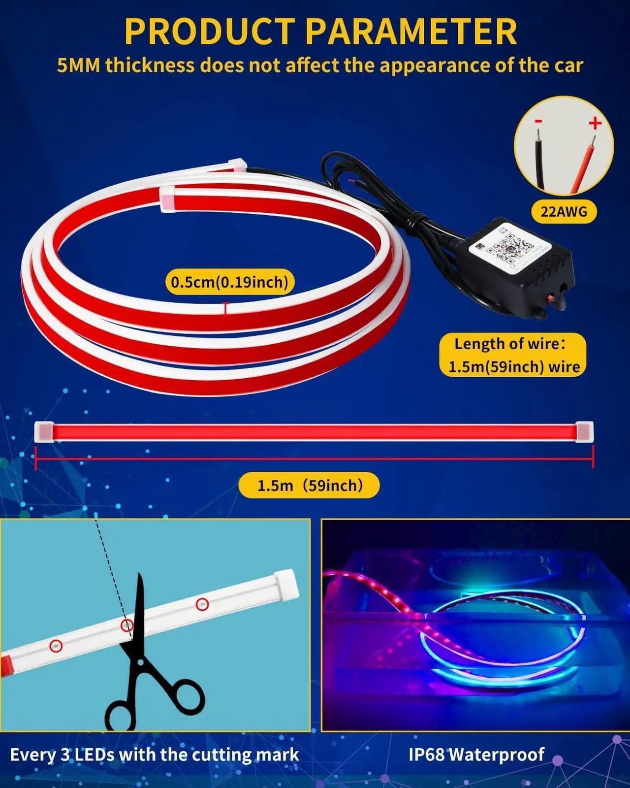 Alt view image 5 of 6 - Exterior Car LED Hood Light Strip,RGB Multicolor Dynamic Scan Start Up Hoodbeam Kit with App & Remote Control,59 Inch 12V Updated Waterproof Hood Glow Lights for Cars, Trucks,SUV (1set)