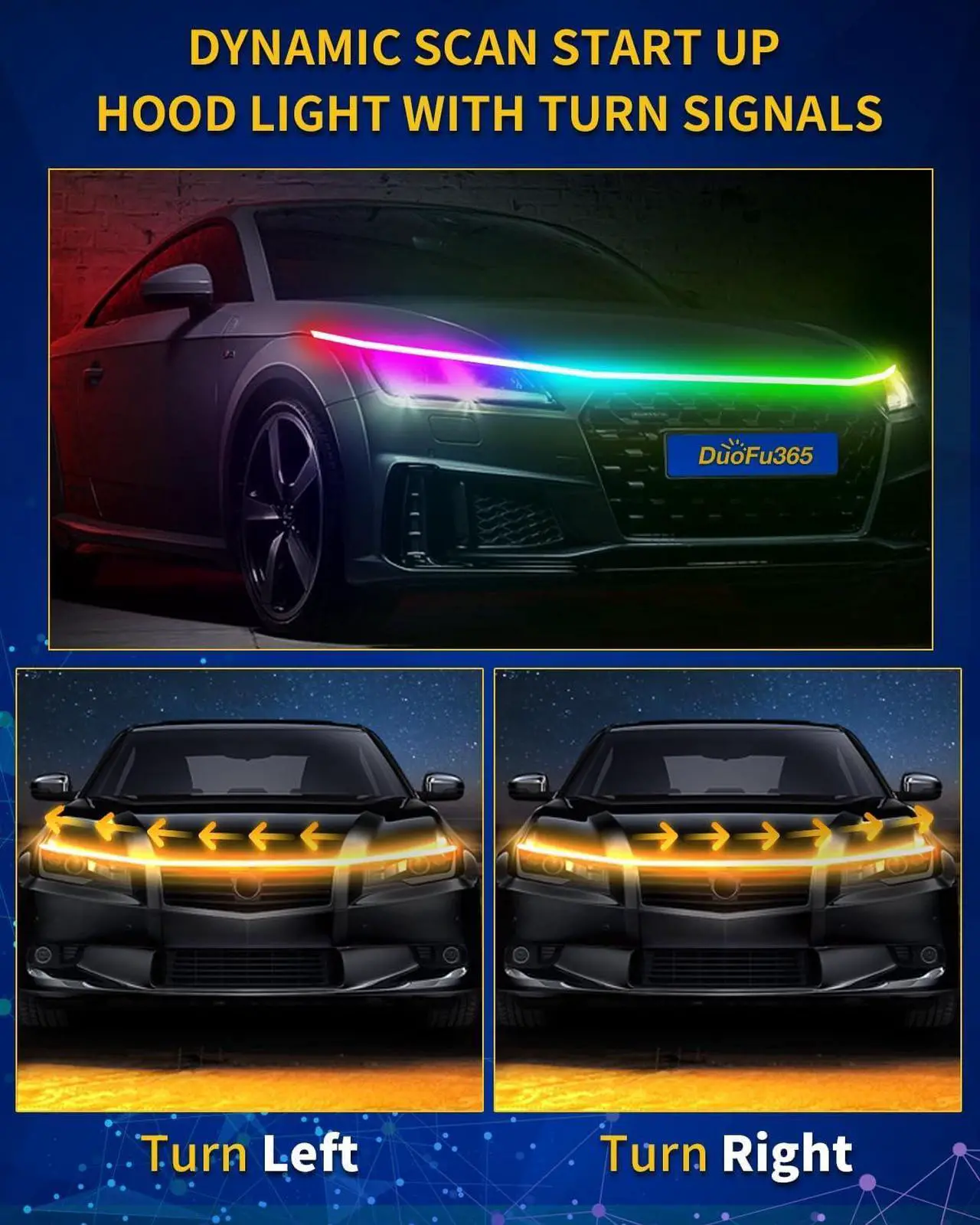 Alt view image 4 of 6 - Exterior Car LED Hood Light Strip,RGB Multicolor Dynamic Scan Start Up Hoodbeam Kit with App & Remote Control,59 Inch 12V Updated Waterproof Hood Glow Lights for Cars, Trucks,SUV (1set)