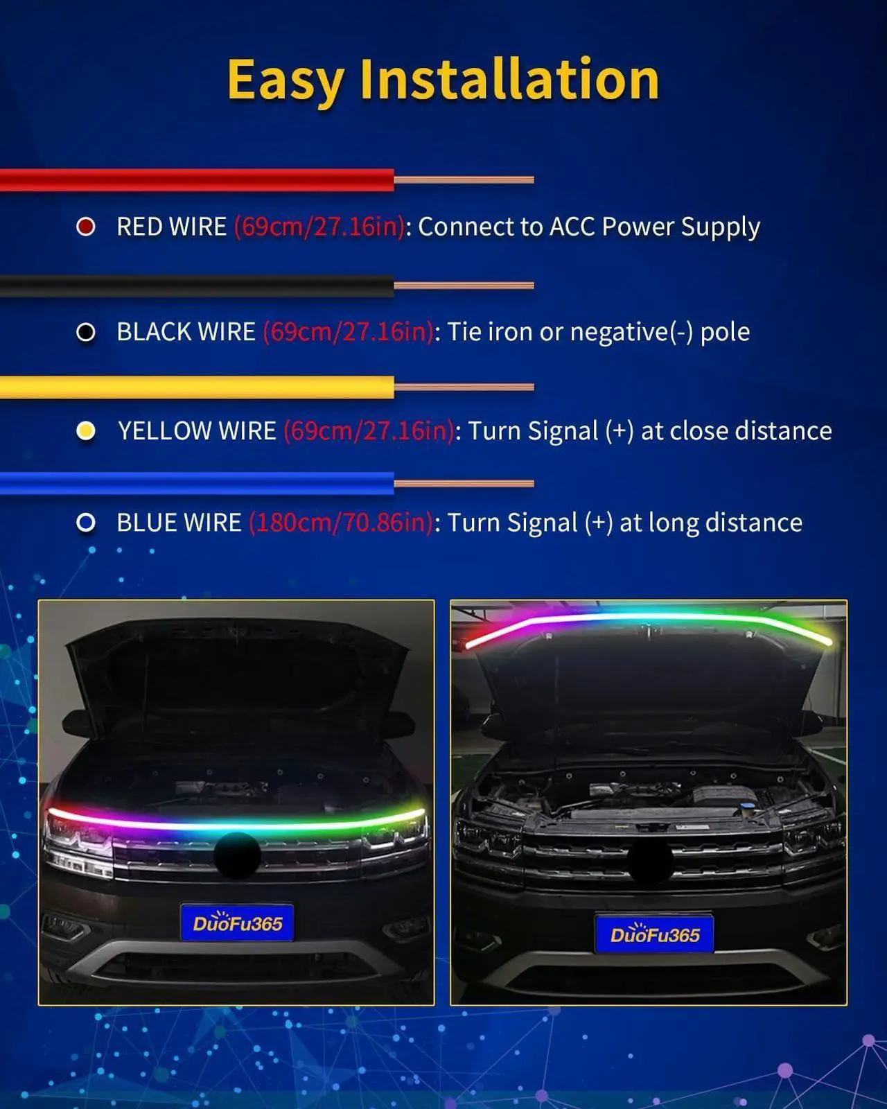 Alt view image 6 of 6 - Exterior Car LED Hood Light Strip,RGB Multicolor Dynamic Scan Start Up Hoodbeam Kit with App & Remote Control,59 Inch 12V Updated Waterproof Hood Glow Lights for Cars, Trucks,SUV (1set)