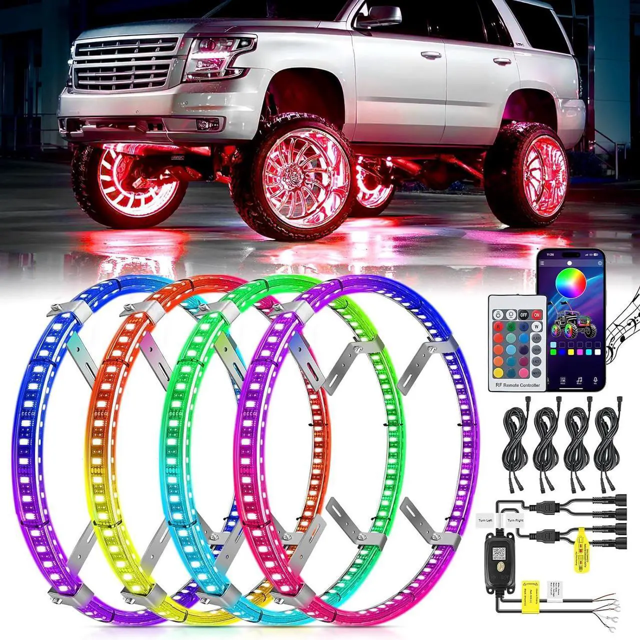 Main image of Nilight 4PCS 17.5inch Double Row LED Wheel Ring Lights RGB with APP and Remote Control Neon Light w/Turn Signal and Braking Function Dual Row for Car Van SUV Truck