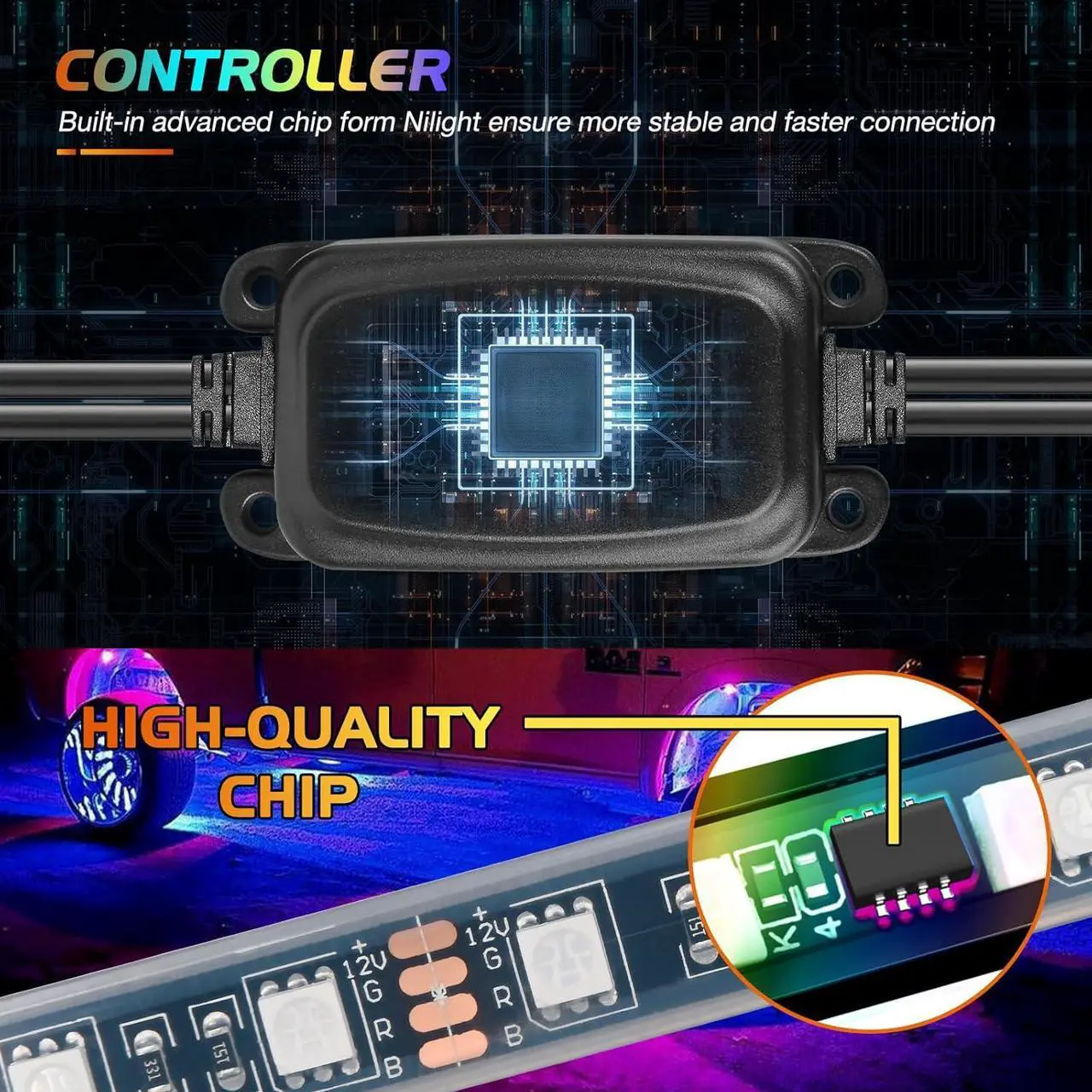 Alt view image 2 of 7 - Nilight 4PCS 17.5inch Double Row LED Wheel Ring Lights RGB with APP and Remote Control Neon Light w/Turn Signal and Braking Function Dual Row for Car Van SUV Truck