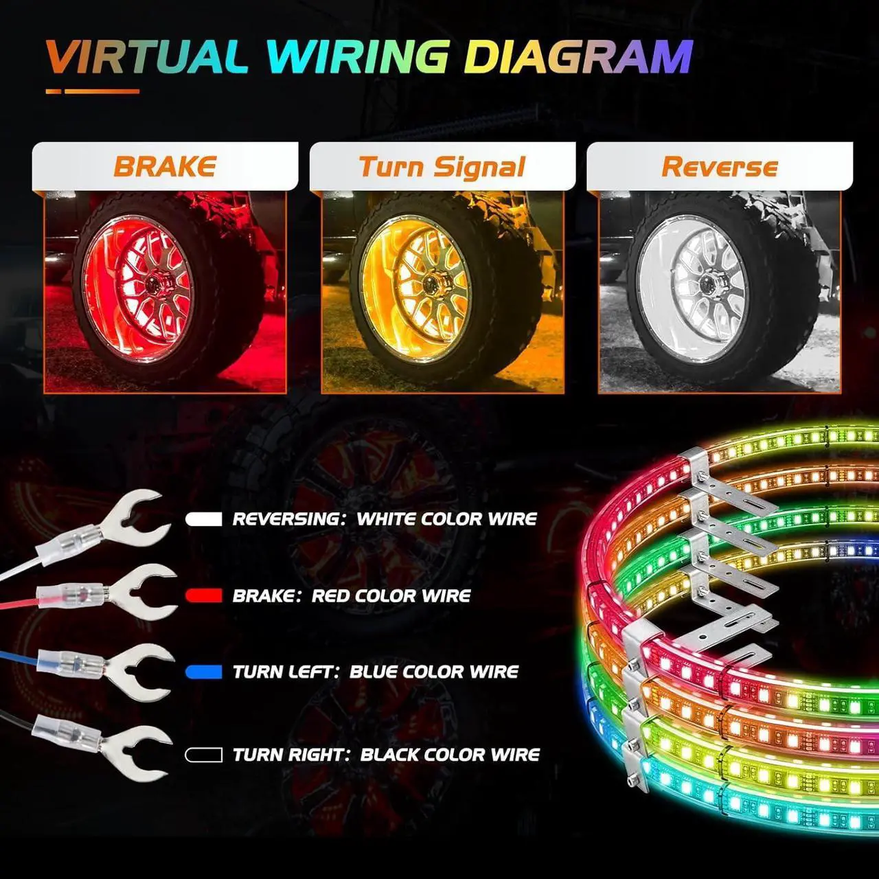 Alt view image 4 of 7 - Nilight 4PCS 17.5inch Double Row LED Wheel Ring Lights RGB with APP and Remote Control Neon Light w/Turn Signal and Braking Function Dual Row for Car Van SUV Truck