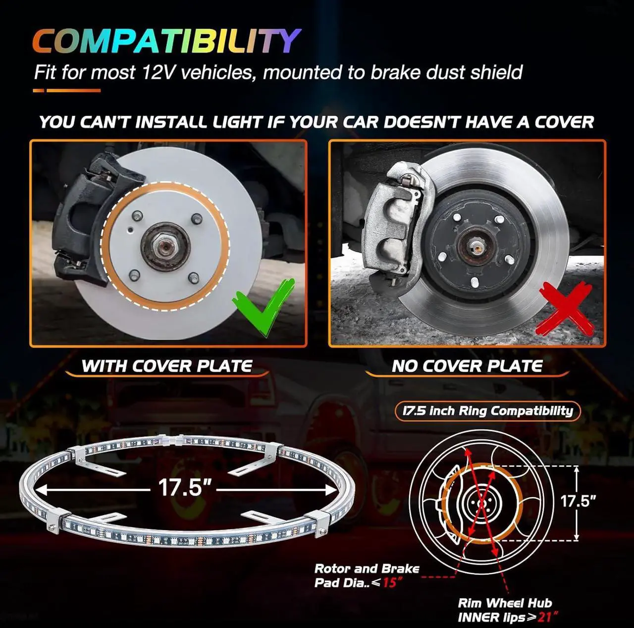 Alt view image 5 of 7 - Nilight 4PCS 17.5inch Double Row LED Wheel Ring Lights RGB with APP and Remote Control Neon Light w/Turn Signal and Braking Function Dual Row for Car Van SUV Truck