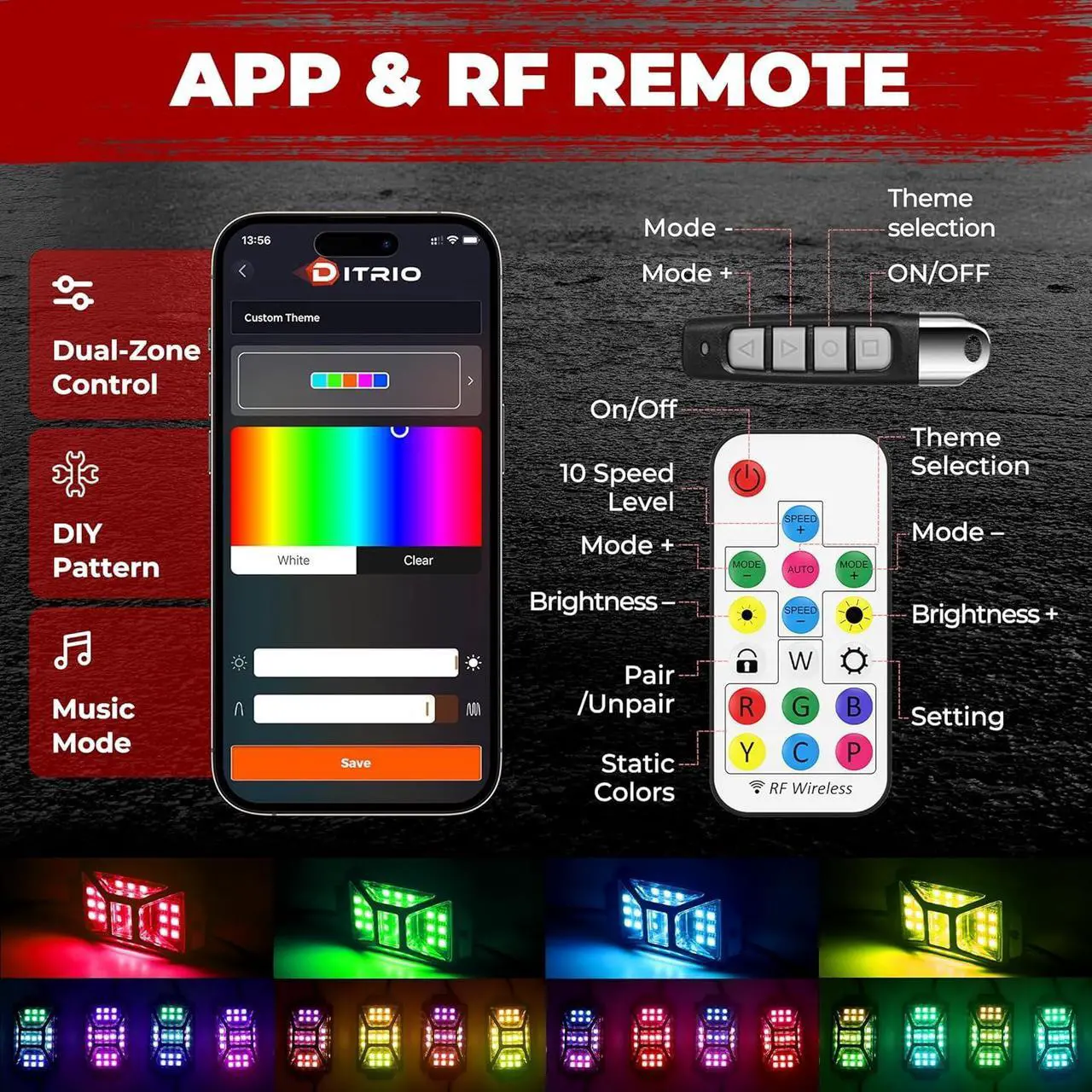 Alt view image 2 of 7 - 4 Pods Five Sided RGB Rock Lights for Trucks Jeep UTV SUV ATV, Multi Chasing Color App/Remote Control Led Rock Lights with Music Mode, Waterproof Exterior Underglow Kits for Cars