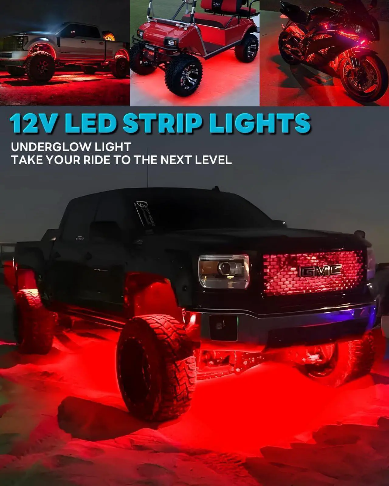 Alt view image 5 of 6 - 12V Led Light Strip 12.7" Waterproof Red Led Light Strips for Car Golf Cart Motorcycles Truck Boat Led Strip Lights,Pack of 4
