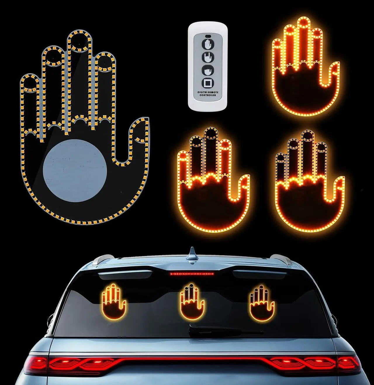 Main image of Hand Gesture Light for Car - 3 in 1 LED Finger Light with Remote Control | Back Window Sign for Drivers, Fun Car Accessories & Road Rage Gadgets (Yellow)