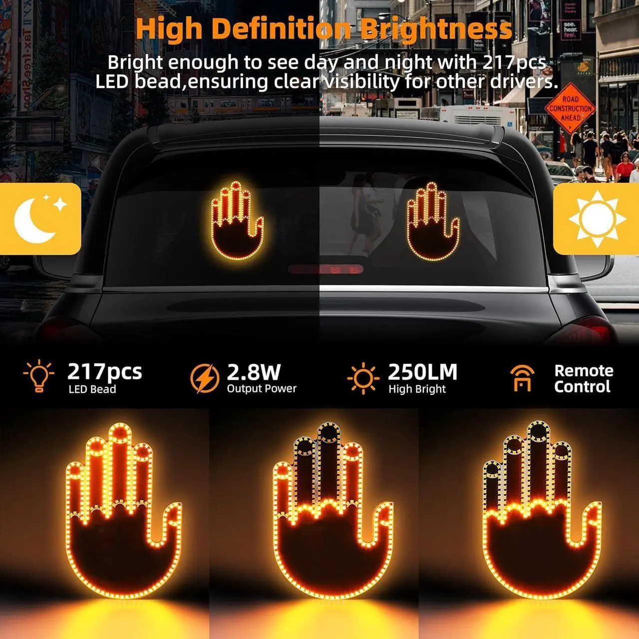 Alt view image 3 of 7 - Hand Gesture Light for Car - 3 in 1 LED Finger Light with Remote Control | Back Window Sign for Drivers, Fun Car Accessories & Road Rage Gadgets (Yellow)
